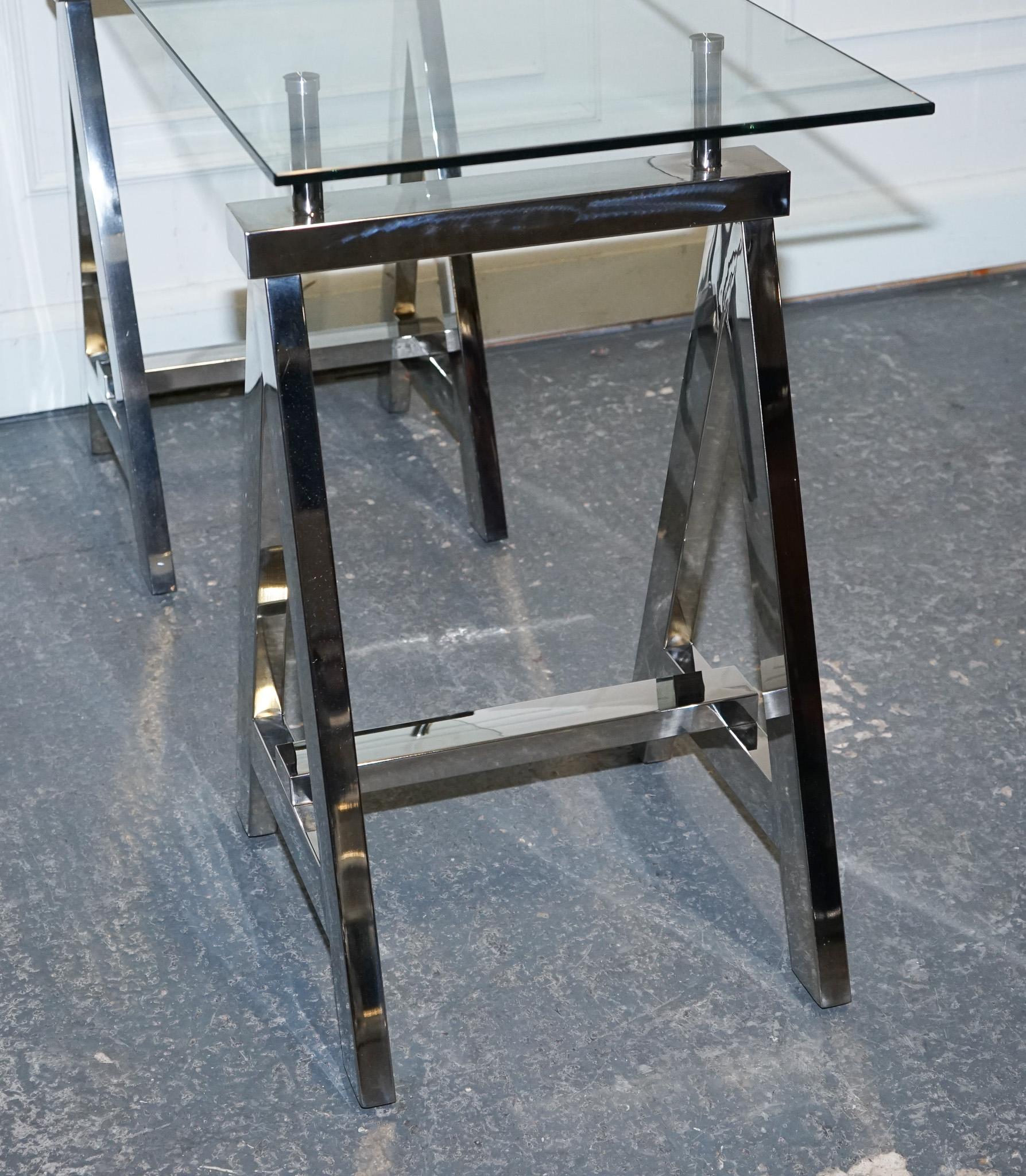 SHOWROOM RALPH LAUREN STYLE CHROME AND GLASS SAW HoRSE CONSOLE TABLE DESK 5
