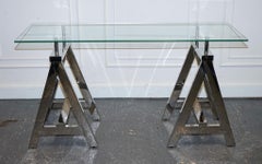 SHOWROOM RALPH LAUREN STYLE CHROME AND GLASS SAW HoRSE CONSOLE TABLE DESK