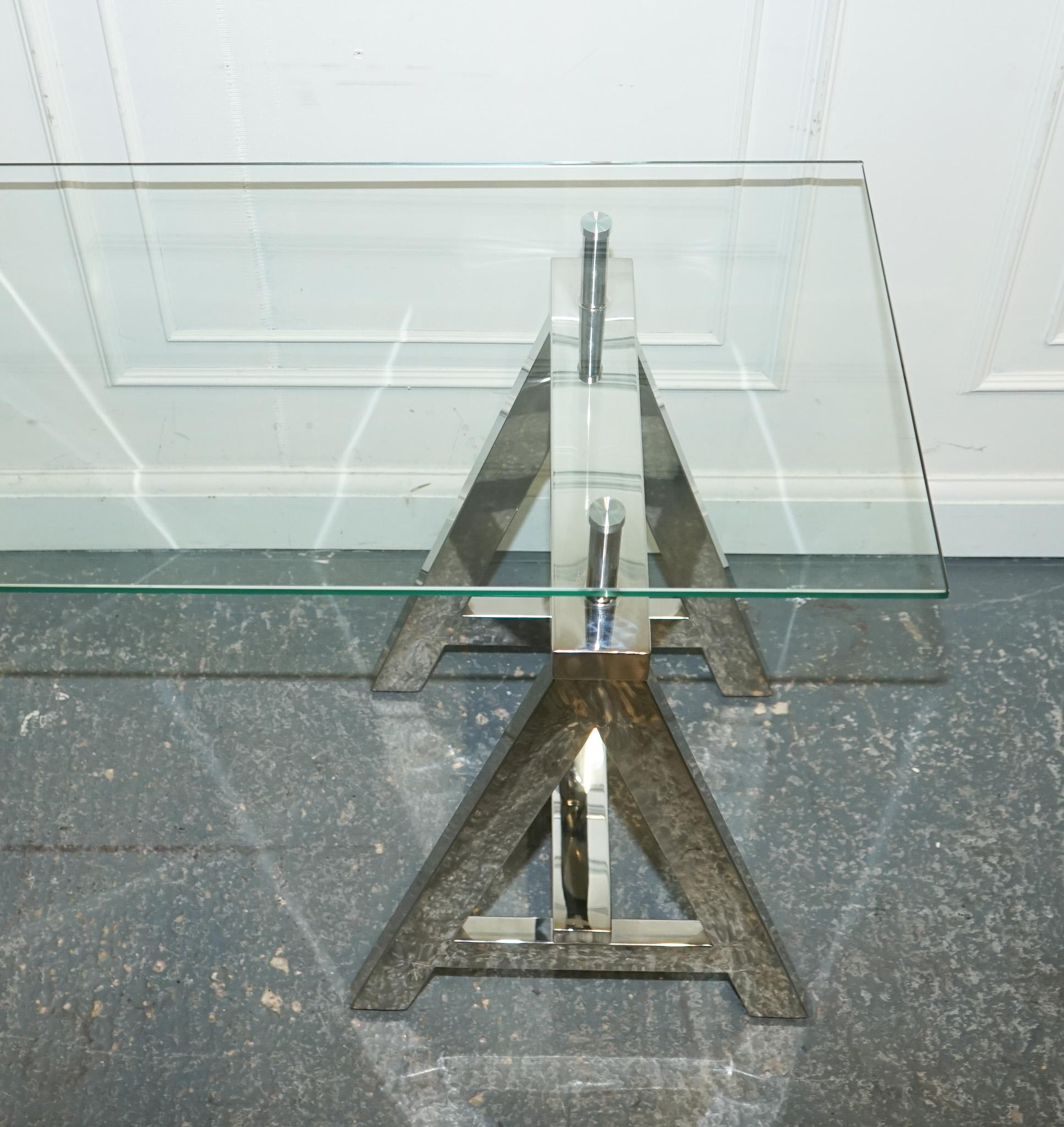 Hand-Crafted SHOWROOM RALPH LAUREN STYLE CHROME AND GLASS SAW HoRSE CONSOLE TABLE DESK