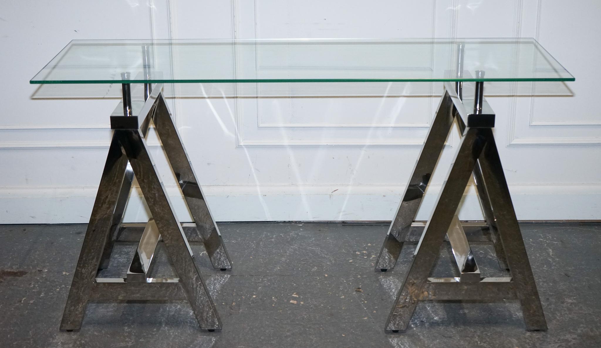 SHOWROOM RALPH LAUREN STYLE CHROME AND GLASS SAW HoRSE CONSOLE TABLE DESK In Good Condition In Pulborough, GB