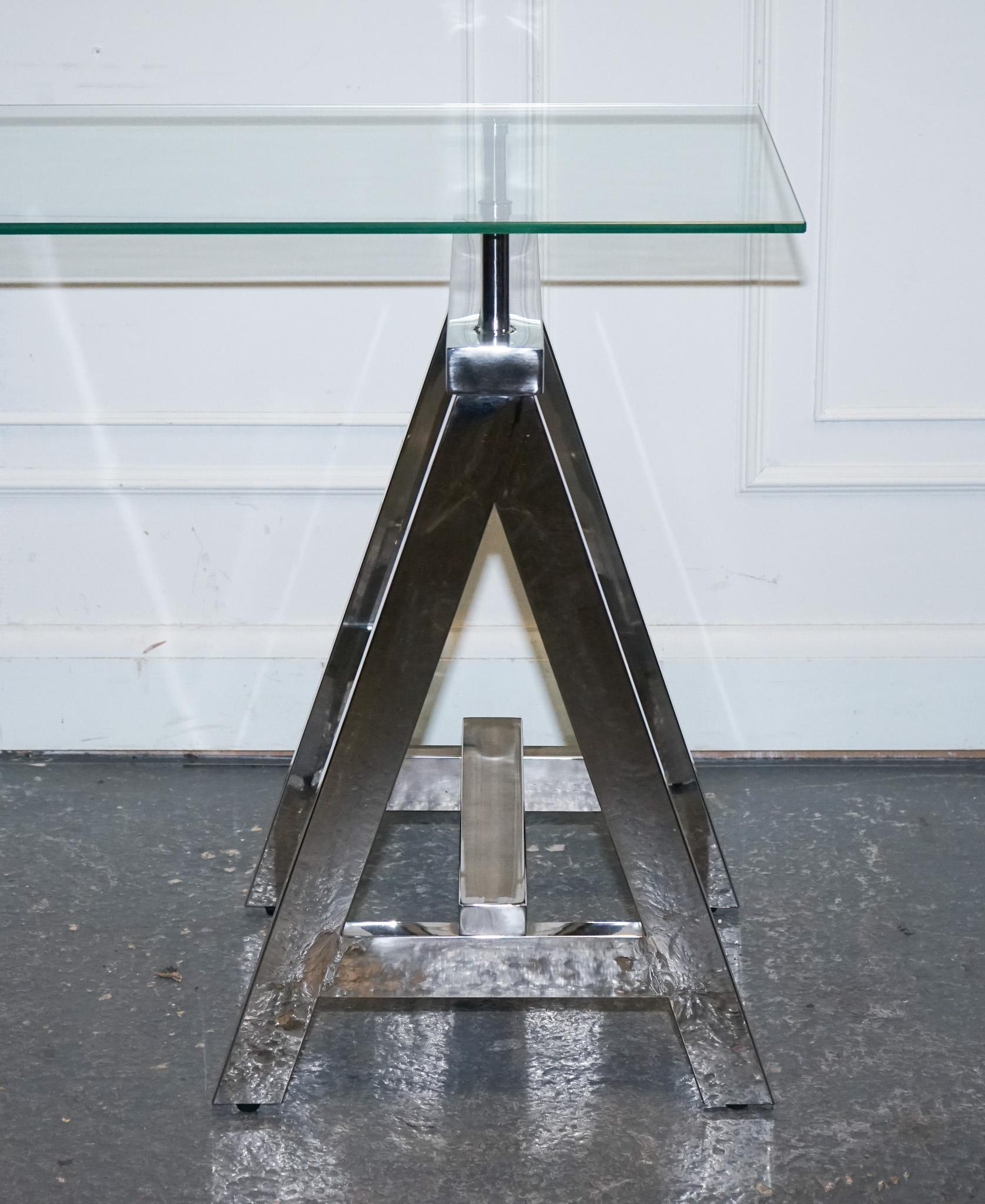 20th Century SHOWROOM RALPH LAUREN STYLE CHROME AND GLASS SAW HoRSE CONSOLE TABLE DESK