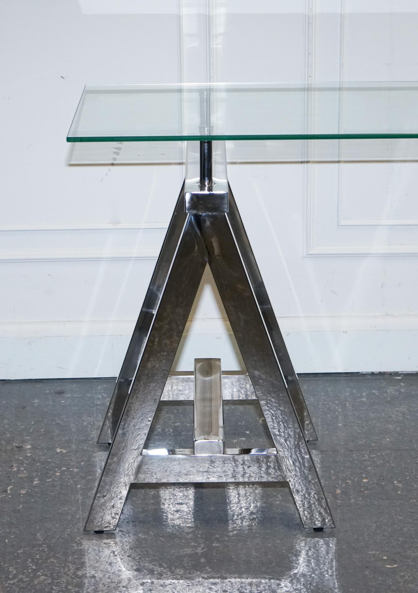 Glass SHOWROOM RALPH LAUREN STYLE CHROME AND GLASS SAW HoRSE CONSOLE TABLE DESK