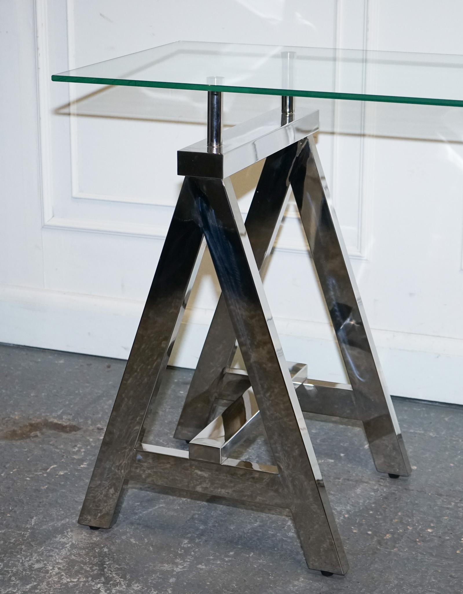 SHOWROOM RALPH LAUREN STYLE CHROME AND GLASS SAW HoRSE CONSOLE TABLE DESK 1
