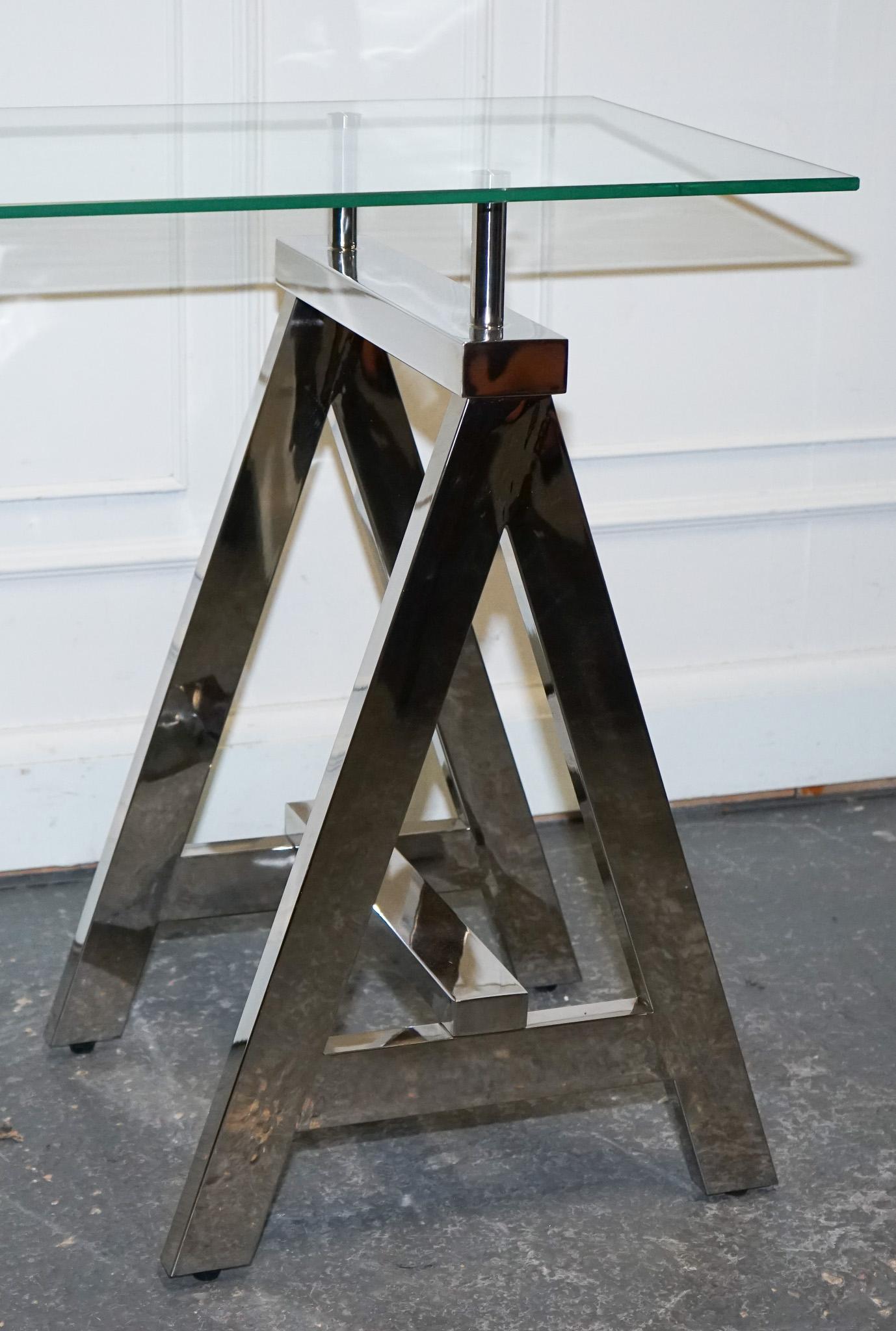 SHOWROOM RALPH LAUREN STYLE CHROME AND GLASS SAW HoRSE CONSOLE TABLE DESK 2