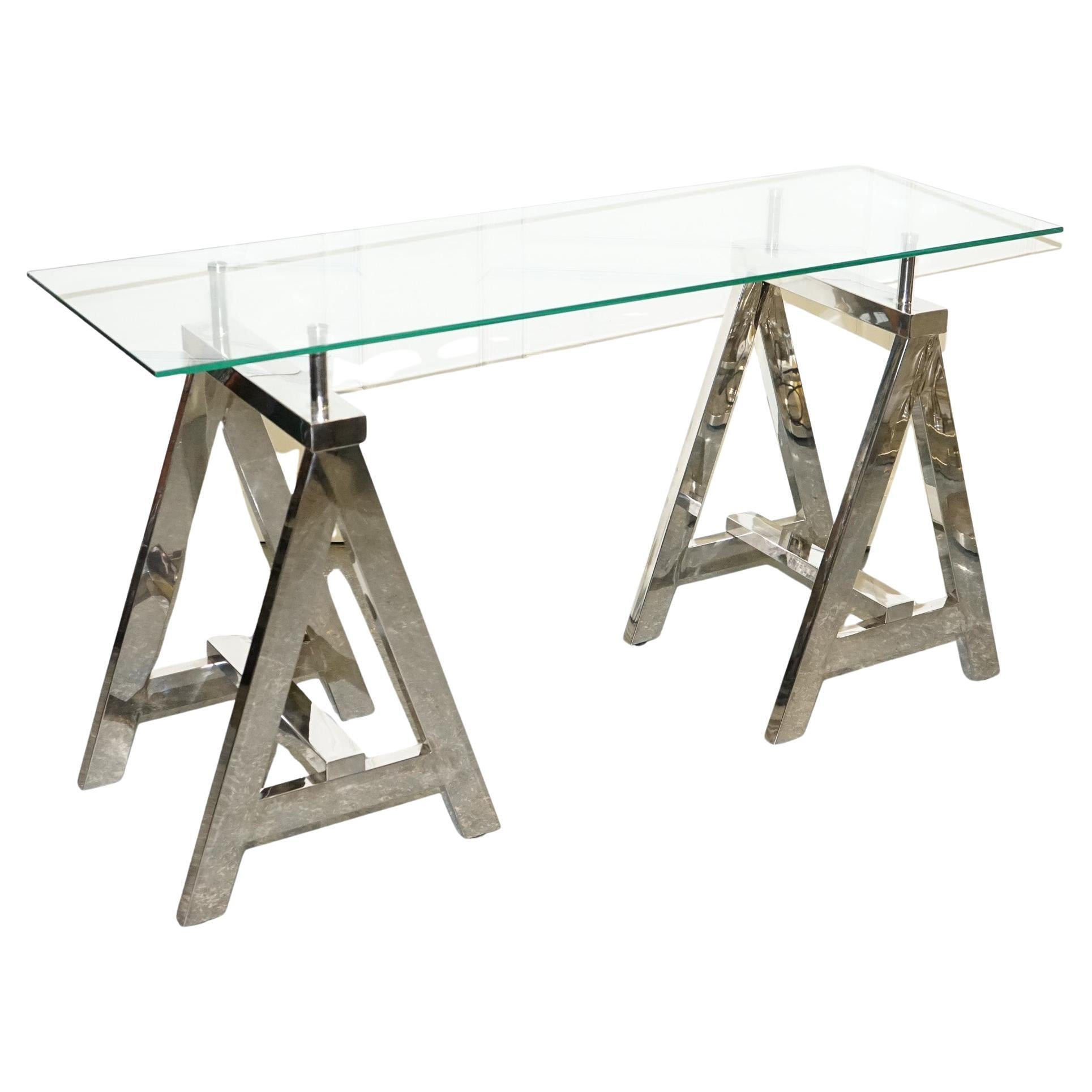 SHOWROOM RALPH LAUREN STYLE CHROME AND GLASS SAW HoRSE CONSOLE TABLE DESK