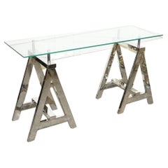 SHOWROOM RALPH LAUREN STYLE CHROME AND GLASS SAW HoRSE CONSOLE TABLE DESK