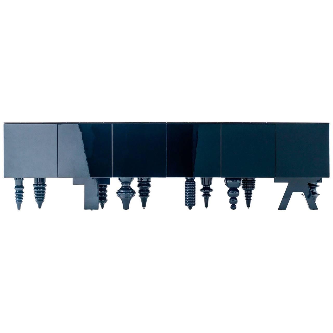 Multileg Cabinet in blue glossy laquer and Marquina Marble top by Jaime Hayon For Sale