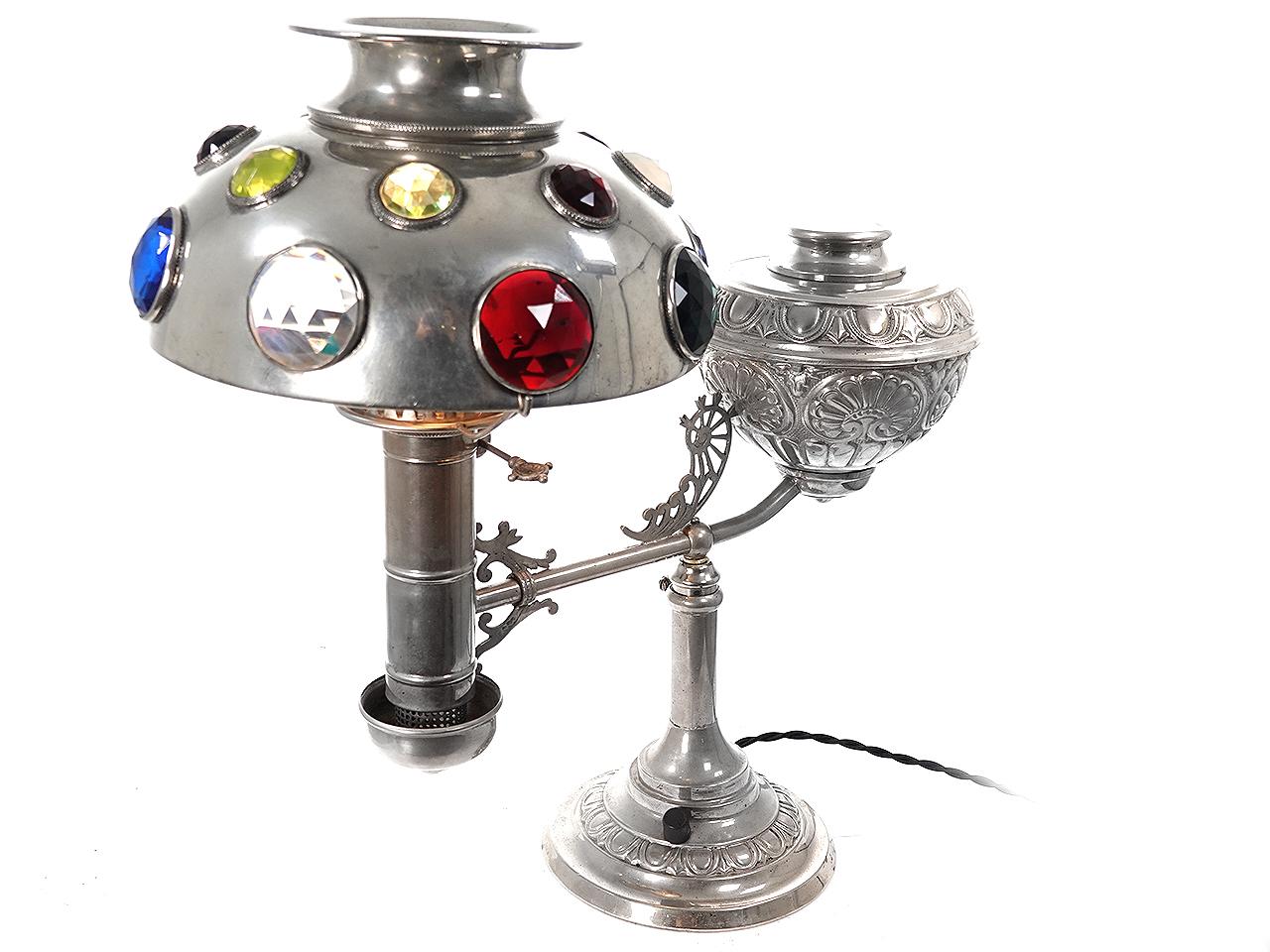 Victorian Showy Nickel and Jeweled Student Desk Lamp For Sale