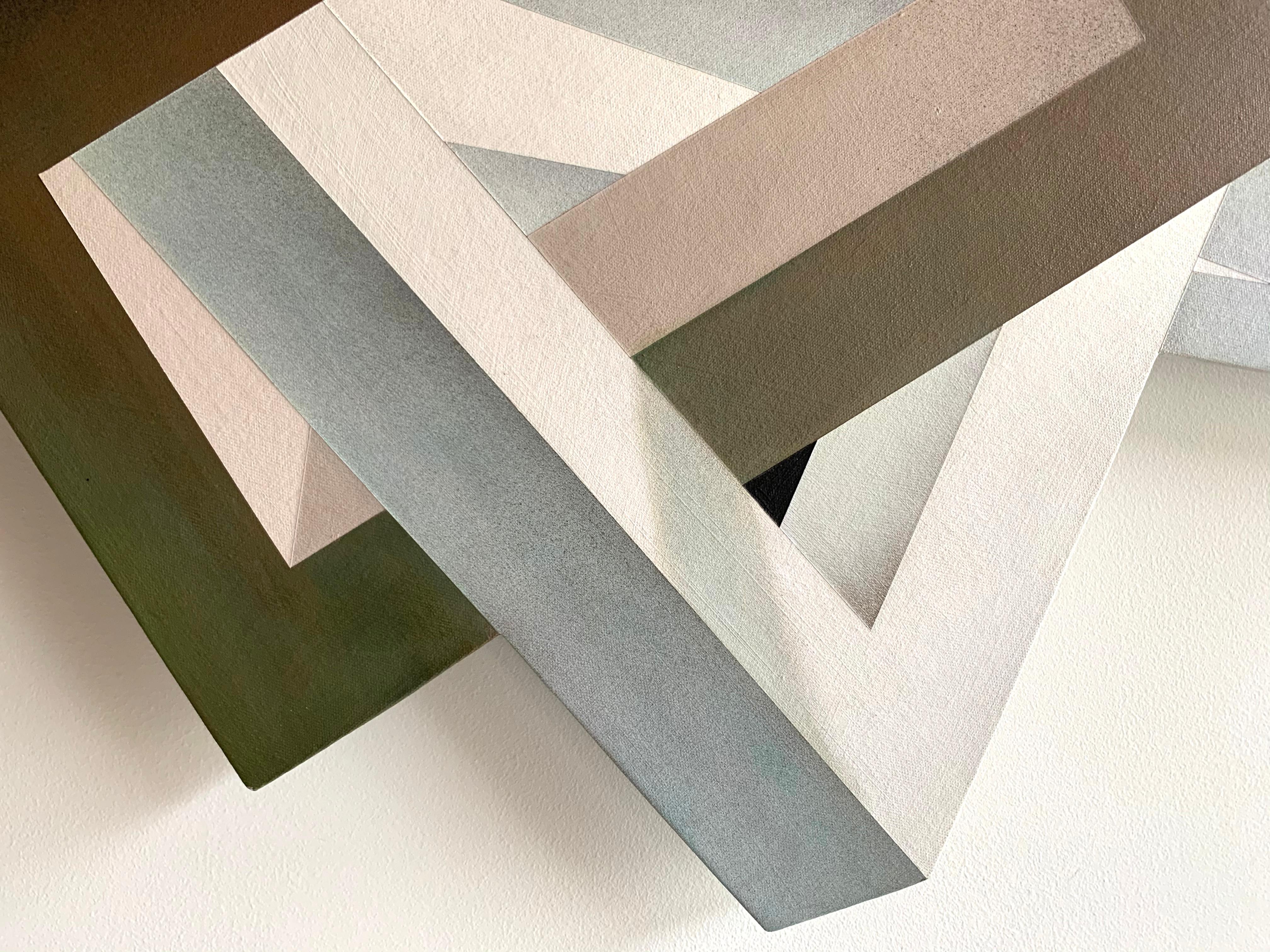 Elements (beige and white) abstract geometric wall sculpture painting - Painting by Shozo Nagano