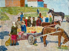 Market Genre Scene Vintage Oil Canvas Painting People Horses Art by Shponko G.