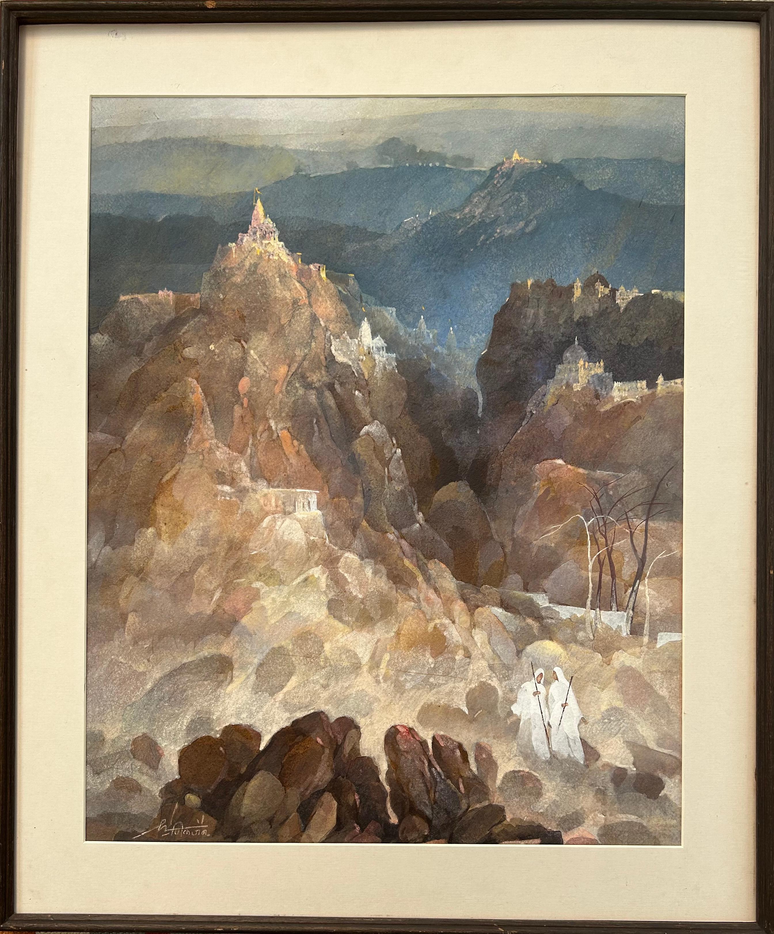 India Paisaje Acuarela Arte Moderno Templos Jain Monjes Firmado Chemould 6