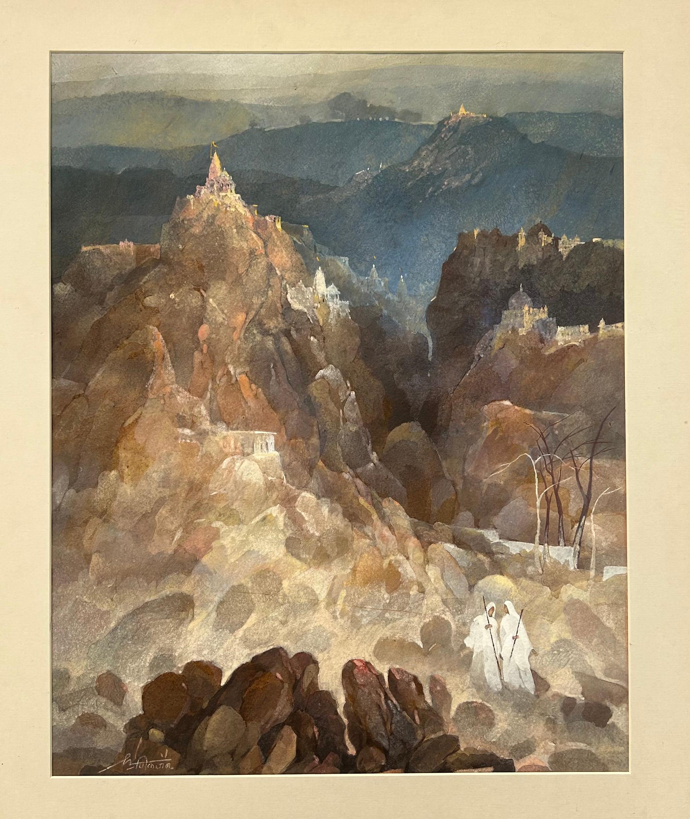 India Paisaje Acuarela Arte Moderno Templos Jain Monjes Firmado Chemould 7