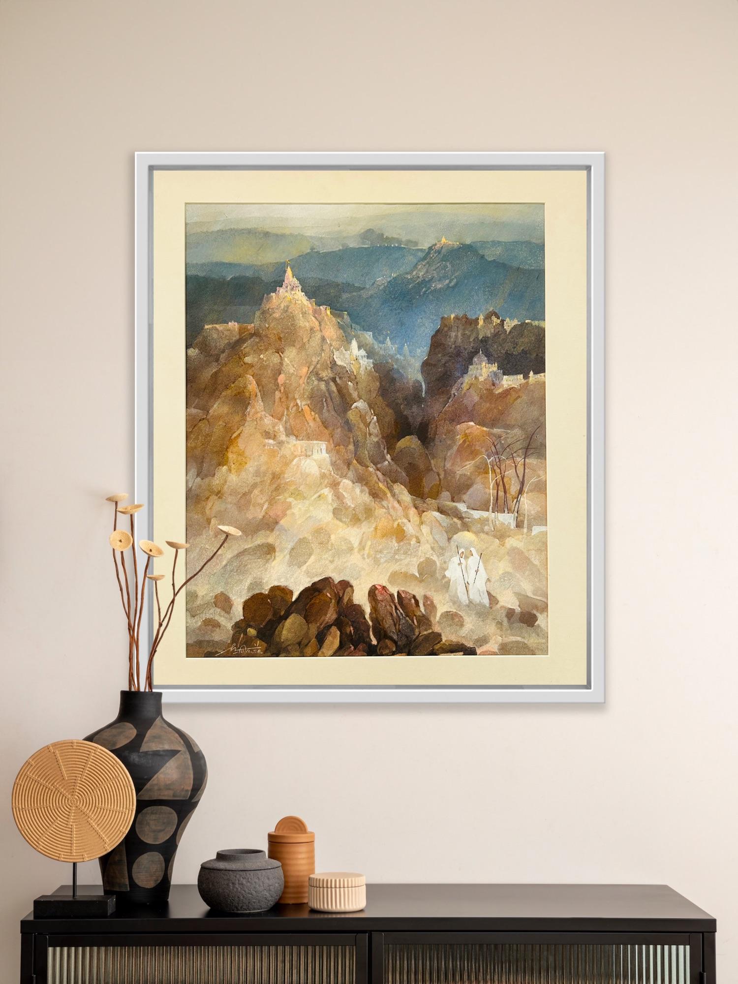 India Paisaje Acuarela Arte Moderno Templos Jain Monjes Firmado Chemould 9