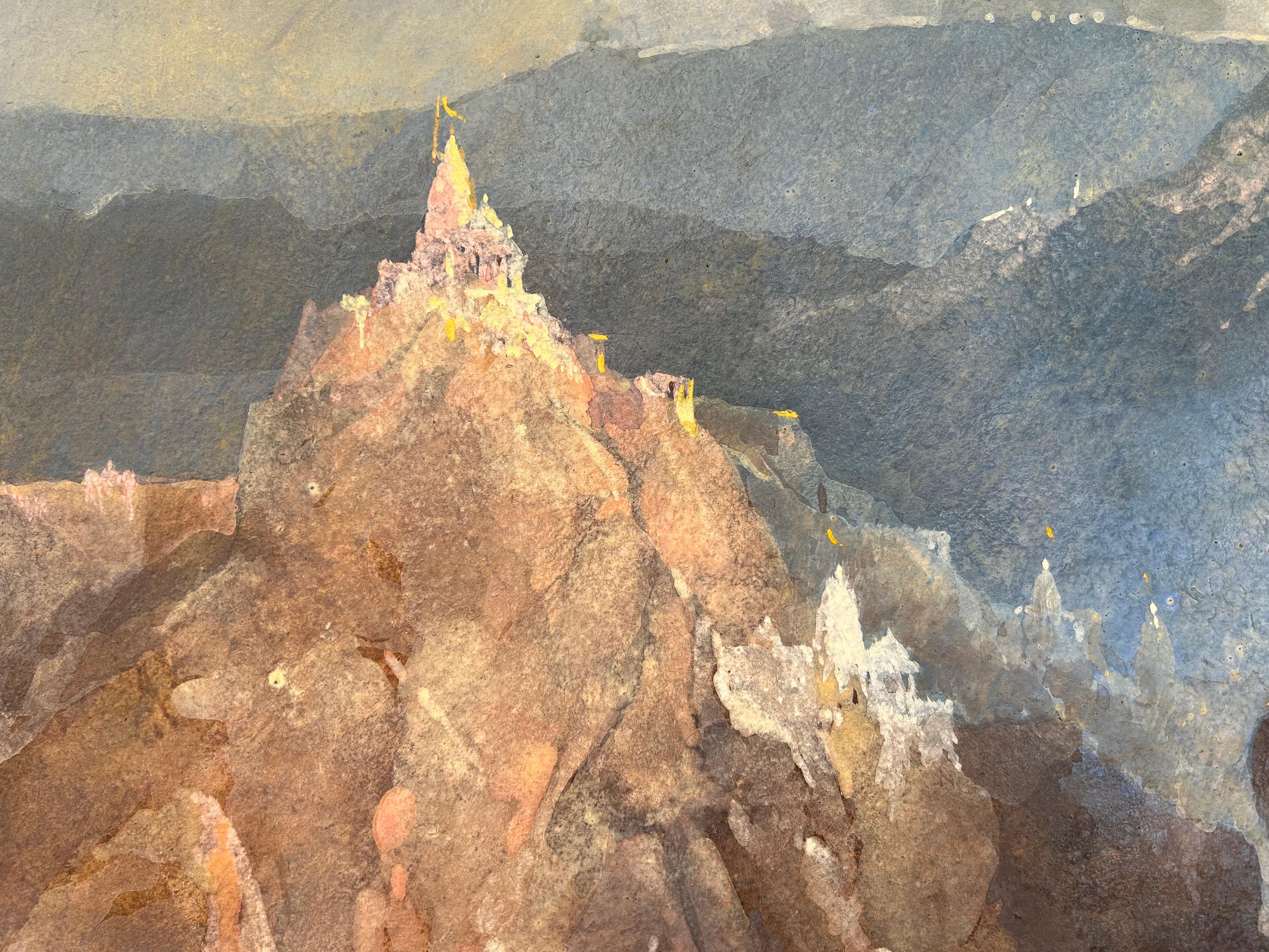 India Paisaje Acuarela Arte Moderno Templos Jain Monjes Firmado Chemould - Painting de Shrenik Jain