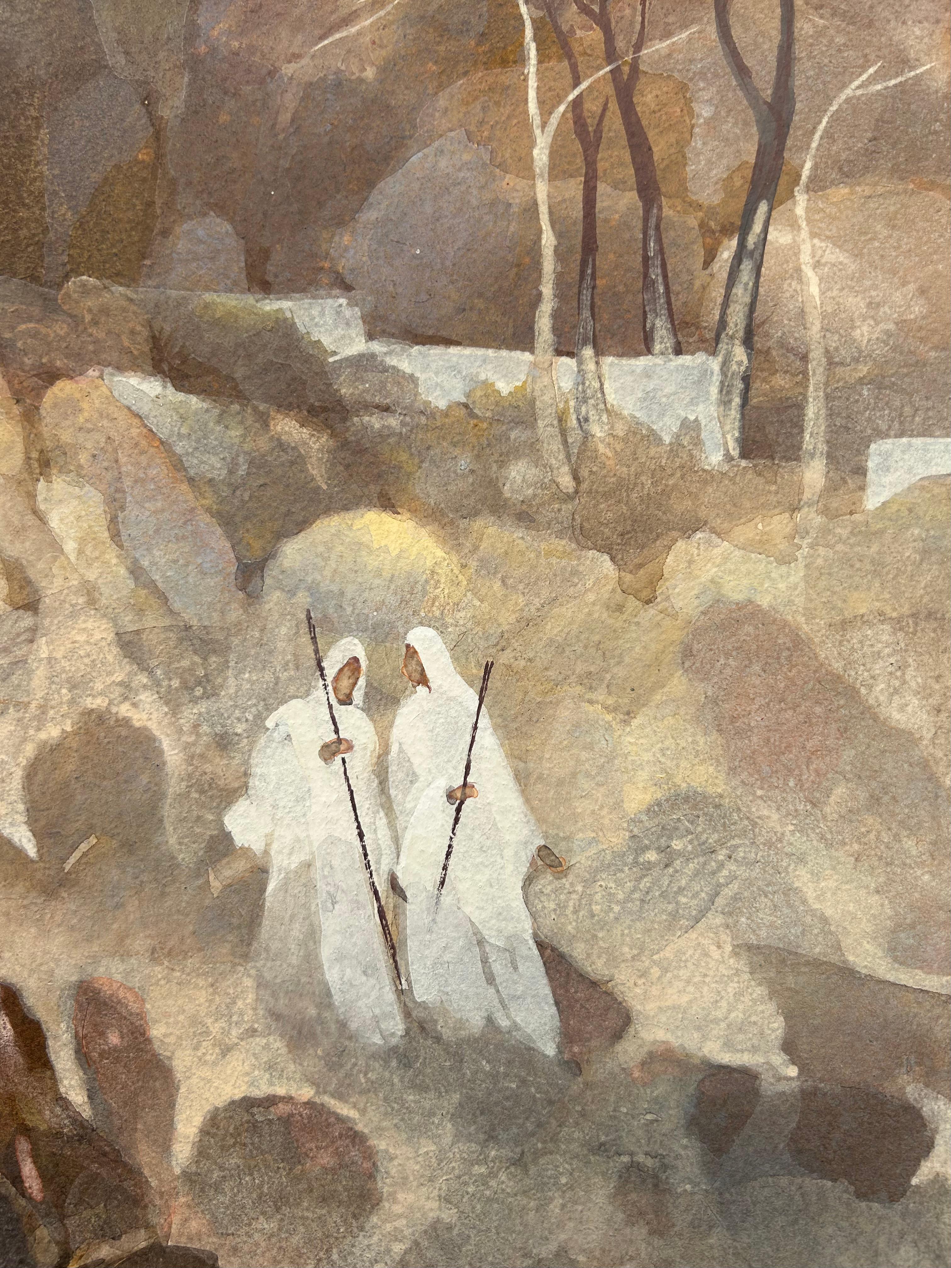 India Paisaje Acuarela Arte Moderno Templos Jain Monjes Firmado Chemould - Landscape Painting Marrón de Shrenik Jain