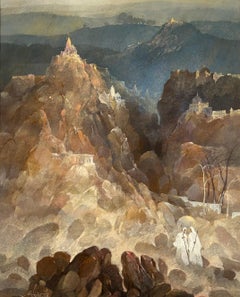 India Paisaje Acuarela Arte Moderno Templos Jain Monjes Firmado Chemould