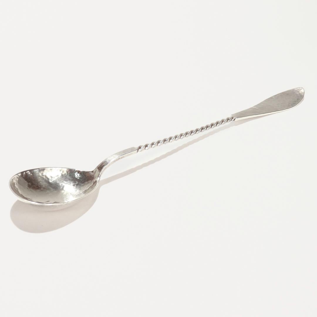 Arts and Crafts Shreve Antique Hammered Sterling Silver Twist Handle Cocktail Spoon / Stirrer For Sale