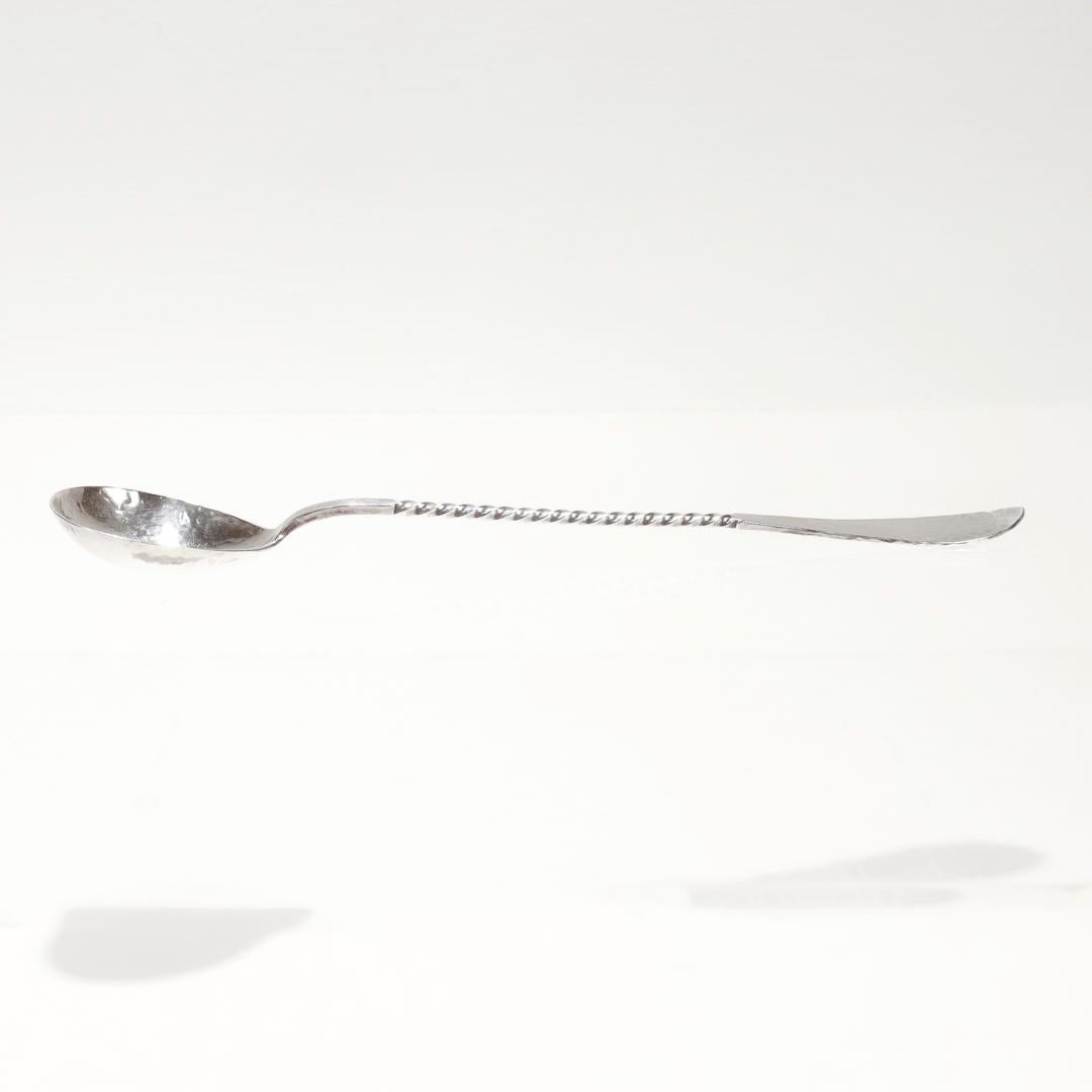 American Shreve Antique Hammered Sterling Silver Twist Handle Cocktail Spoon / Stirrer For Sale
