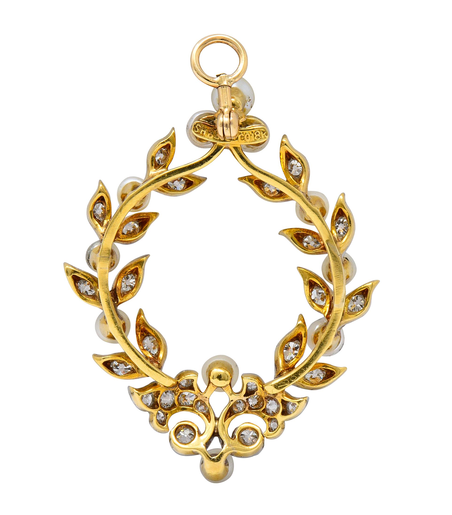 Edwardian Shreve & Co. 1.00 Carat Diamond Pearl Platinum 18 Karat Gold Wreath Pendant
