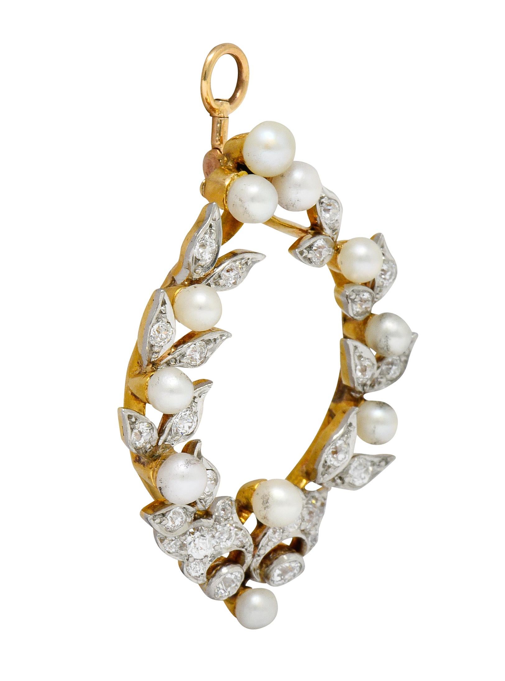 Old European Cut Shreve & Co. 1.00 Carat Diamond Pearl Platinum 18 Karat Gold Wreath Pendant