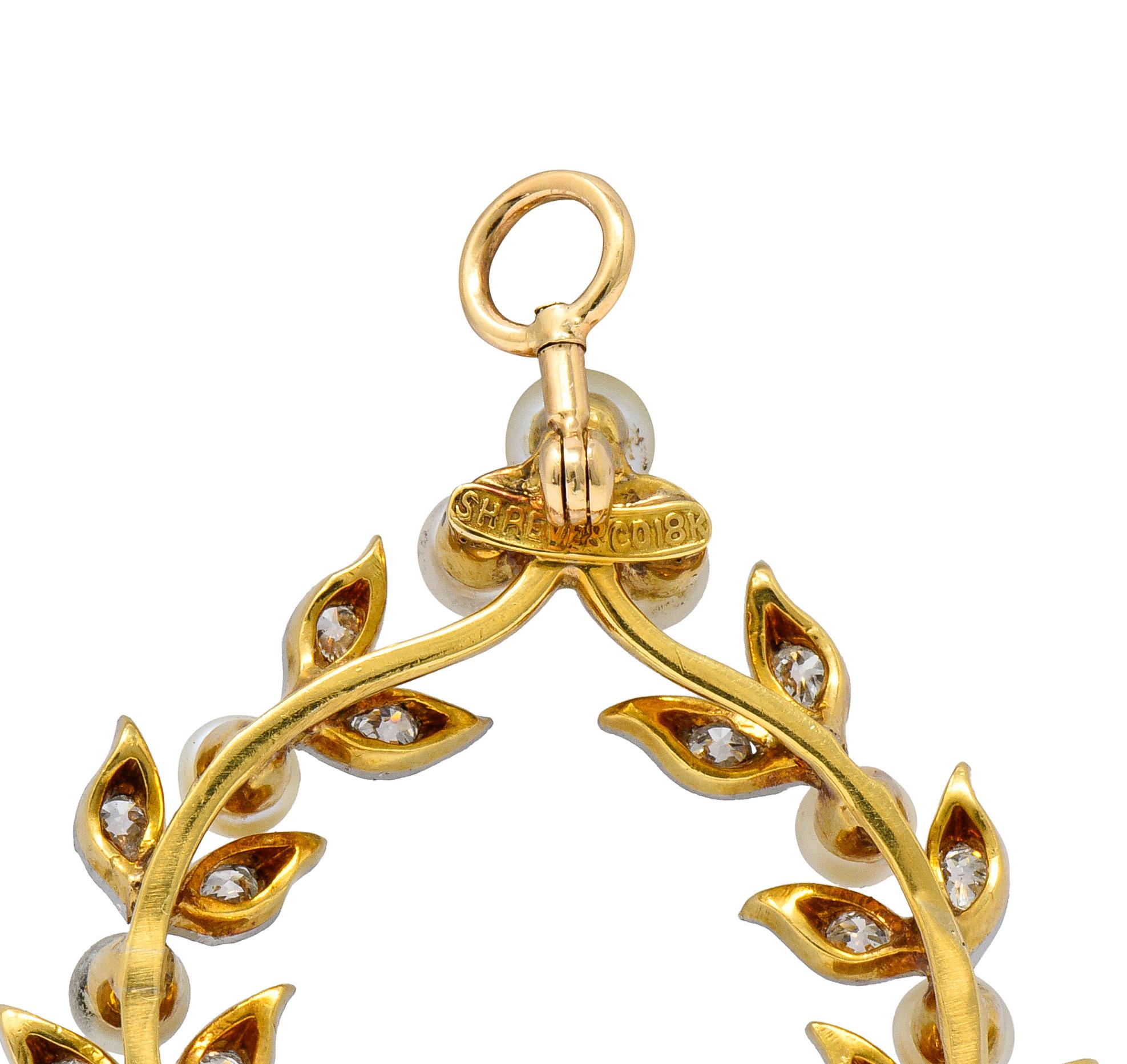 Shreve & Co. 1.00 Carat Diamond Pearl Platinum 18 Karat Gold Wreath Pendant In Excellent Condition In Philadelphia, PA