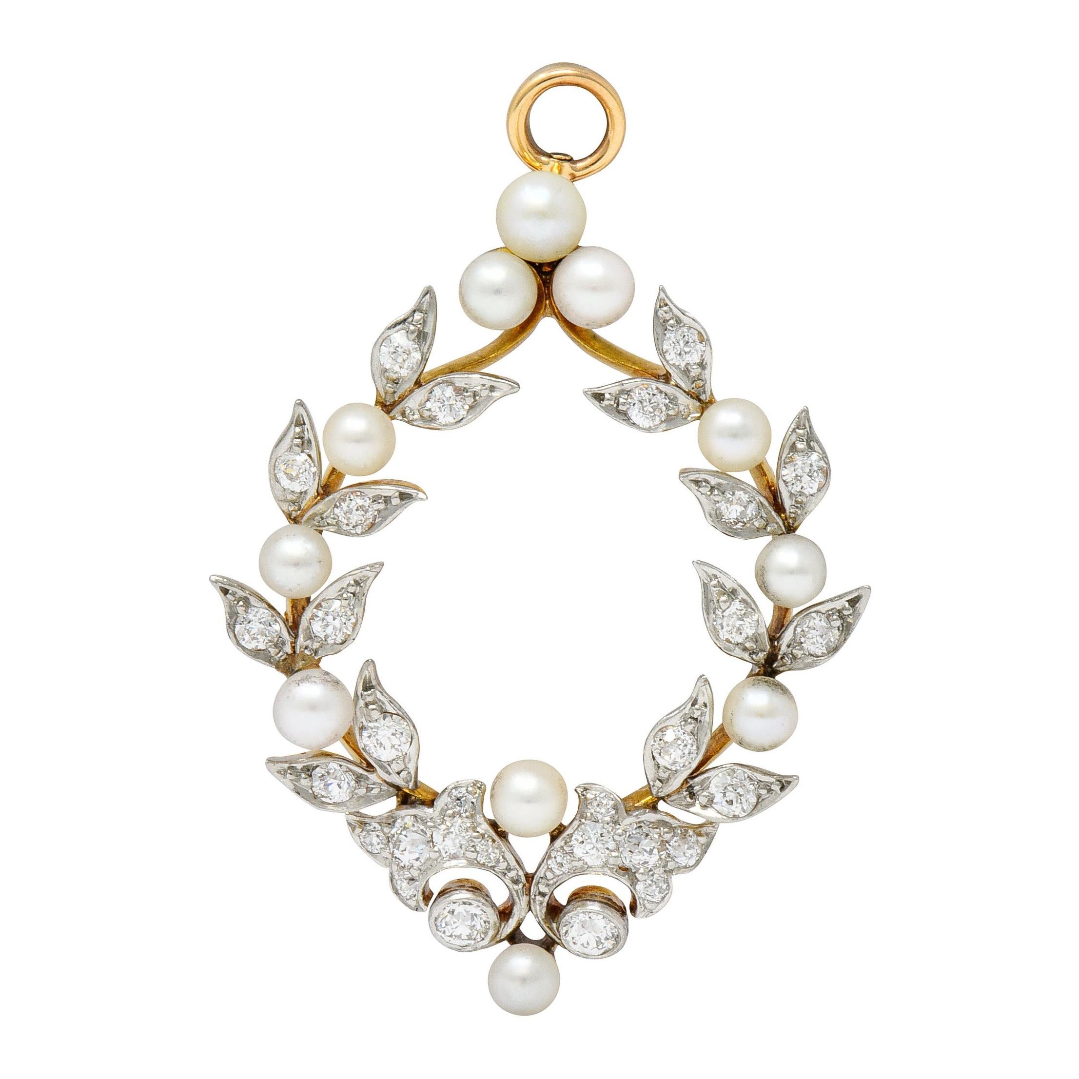 Shreve & Co. 1.00 Carat Diamond Pearl Platinum 18 Karat Gold Wreath Pendant