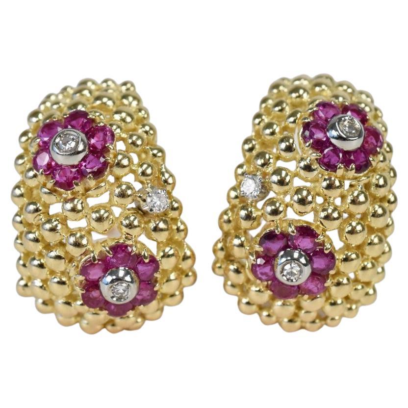 Shreve & Co. 18k Tri-Gold Flower Ruby & Diamond Earrings, 19.4g in vendita