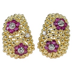 Shreve & Co. 18k Tri-Gold Flower Ruby & Diamond Earrings, 19.4g