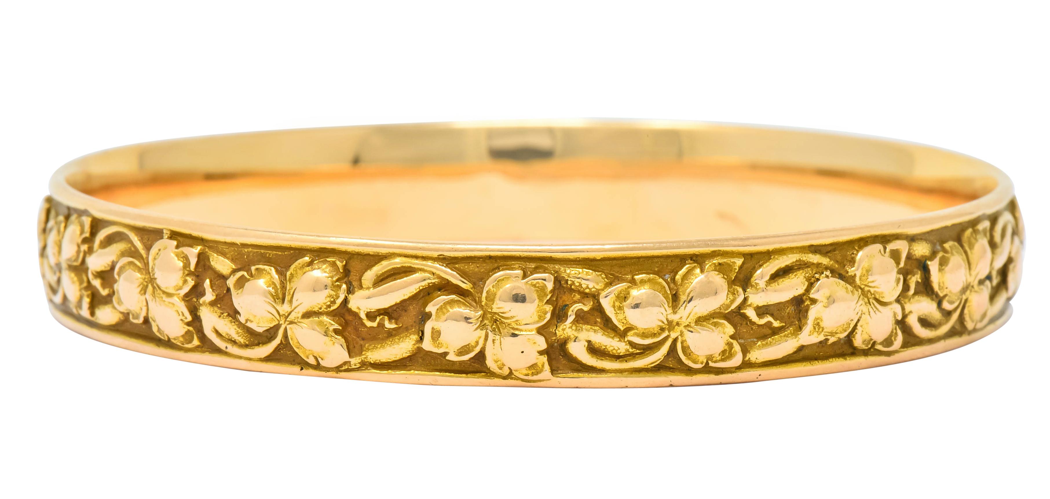 Women's or Men's Shreve & Co. Art Nouveau 14 Karat Gold Ivy Foliate Bangle Bracelet