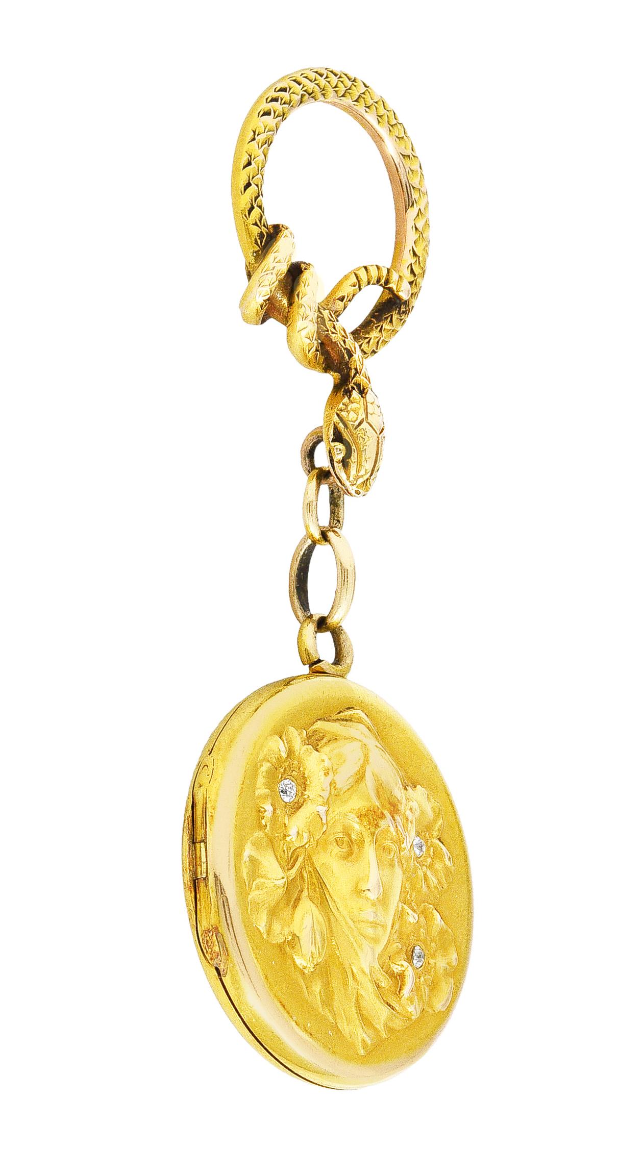 Old European Cut Shreve & Co. Art Nouveau Diamond 14 Karat Yellow Gold Snake Woman Antique Locket