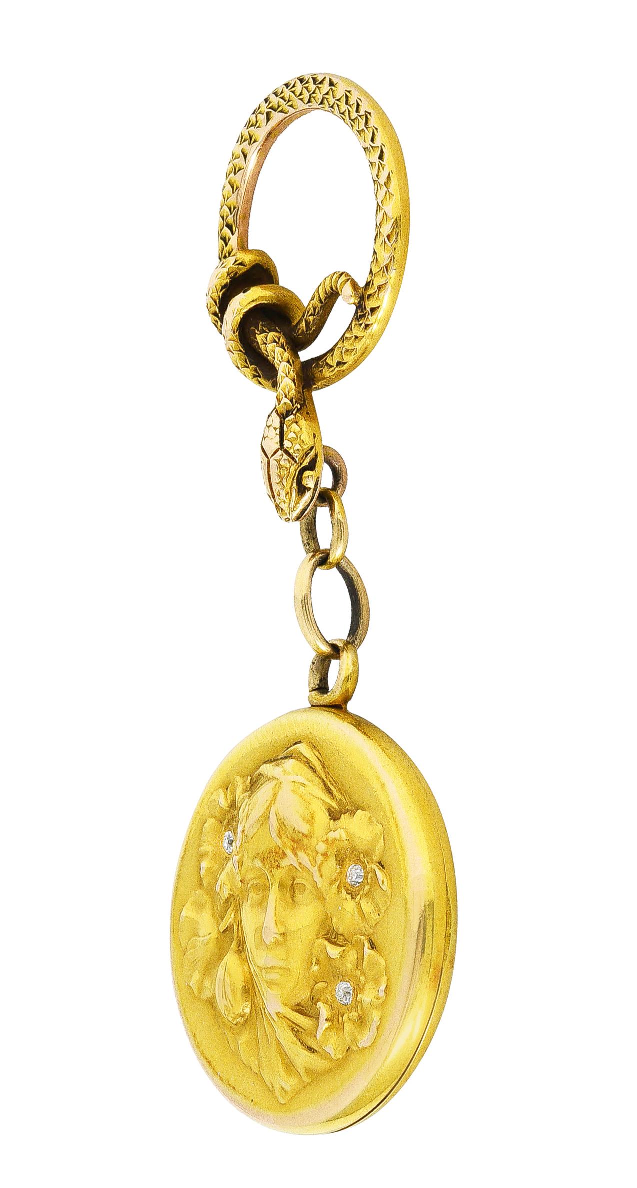 Women's or Men's Shreve & Co. Art Nouveau Diamond 14 Karat Yellow Gold Snake Woman Antique Locket