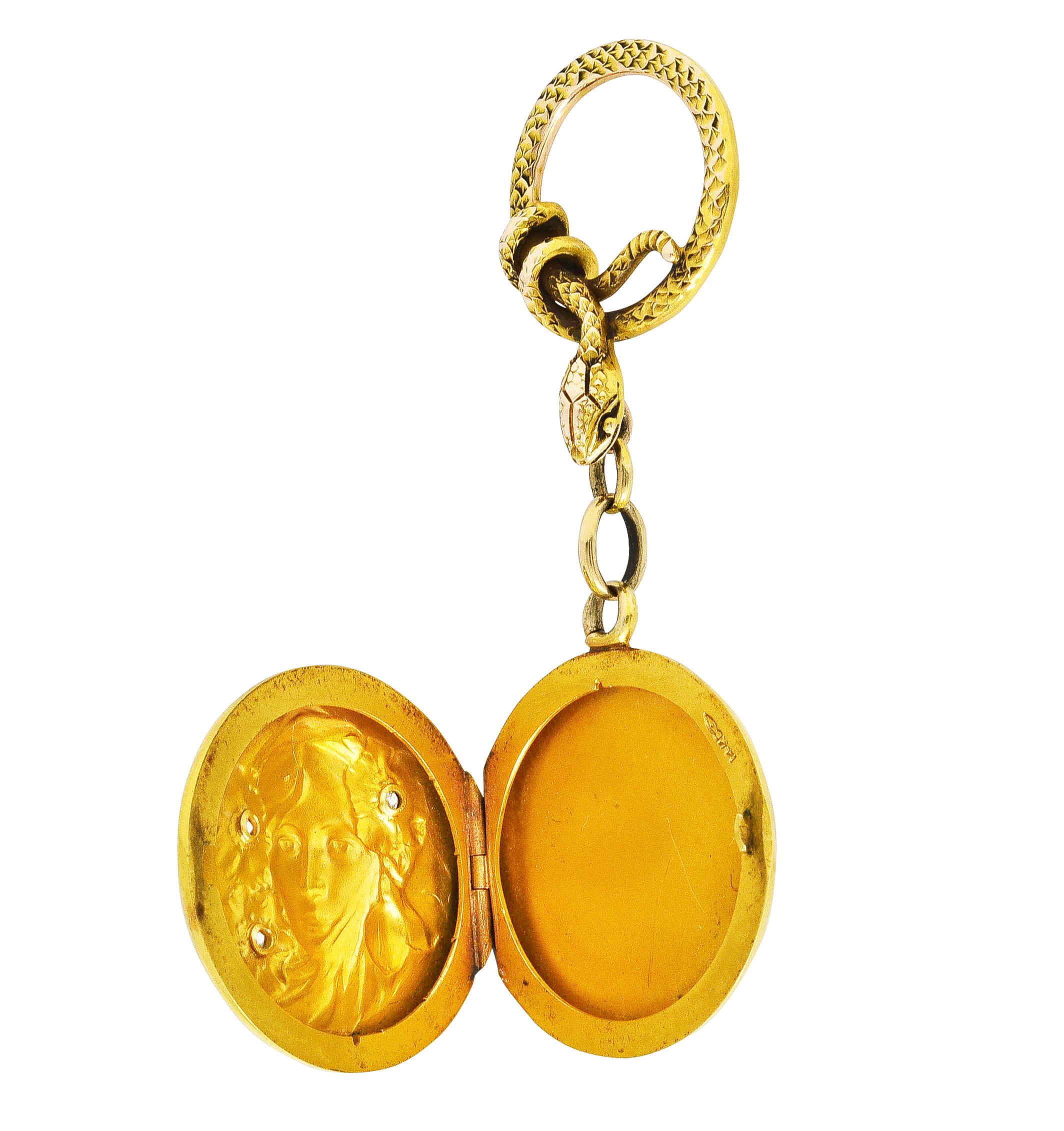 Shreve & Co. Art Nouveau Diamond 14 Karat Yellow Gold Snake Woman Antique Locket 1