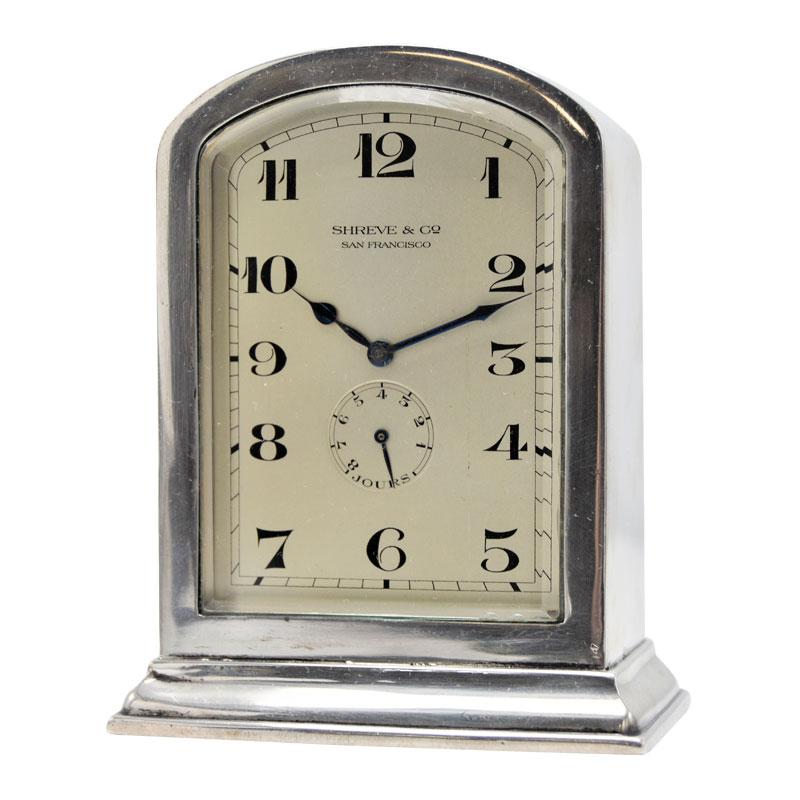 FACTORY / HOUSE: Longines for Shreve & Co. 
STYLE / REFERENCE: Art Deco and Gothic Style
METAL / MATERIAL: Sterling Silver
CIRCA / YEAR: 1920's
DIMENSIONS / SIZE: 5 Inches Tall
MOVEMENT / CALIBER: Manual Winding / 15 Jewels
DIAL / HANDS: Silvered