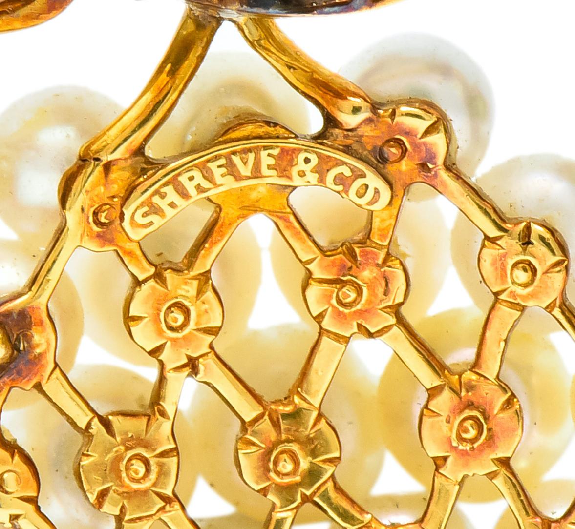 Art Nouveau Shreve & Co Demantoid Garnet Diamond Pearl Grape Cluster Brooch Pendant