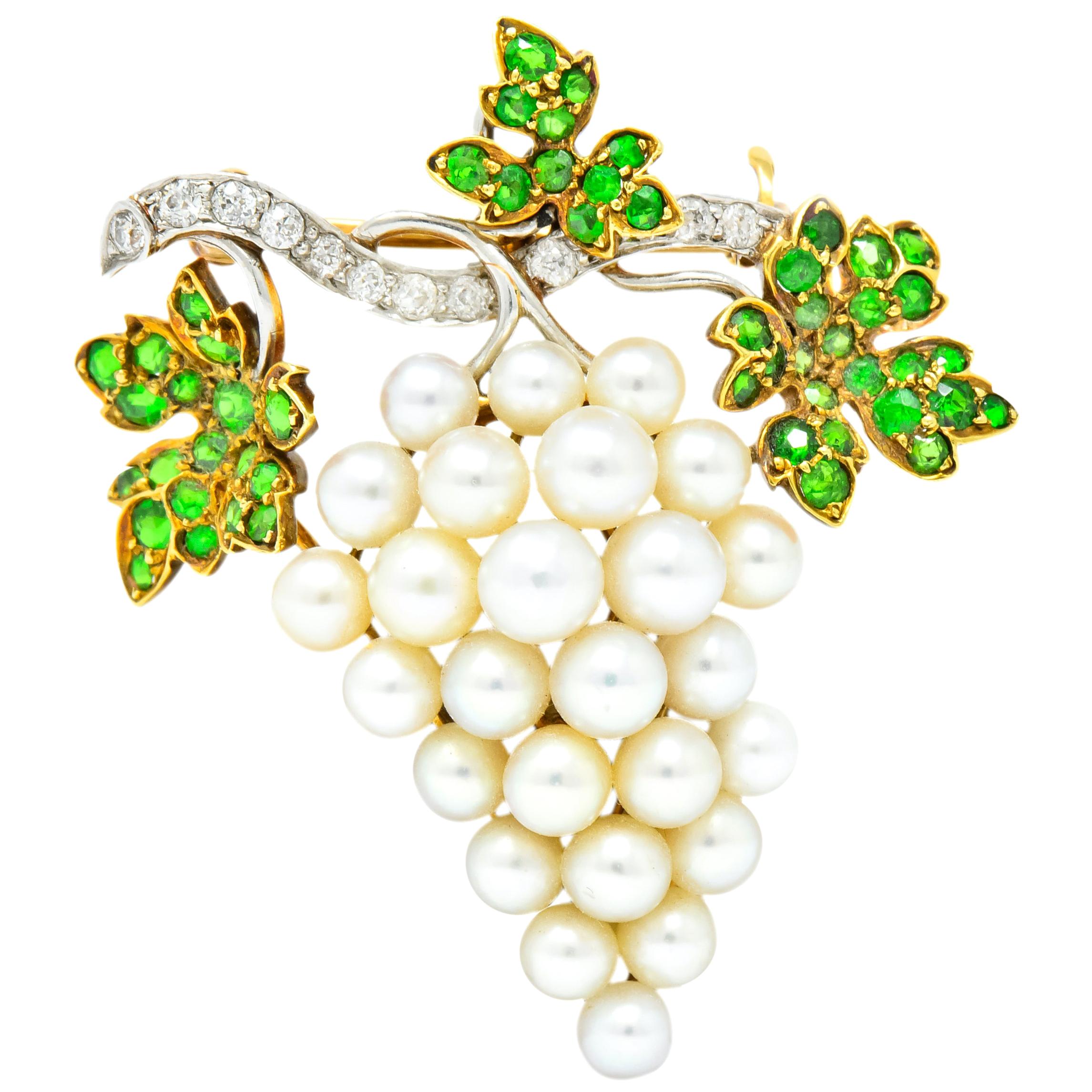 Shreve & Co Demantoid Garnet Diamond Pearl Grape Cluster Brooch Pendant