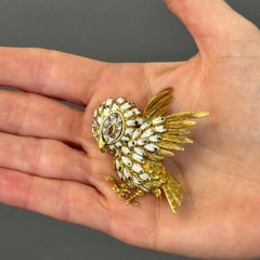 Shreve & Co. Diamond Enamel Ruby 18K Yellow Gold Owl Brooch Pin