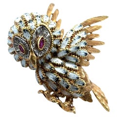 Shreve & Co. Diamond Enamel Ruby 18K Yellow Gold Owl Brooch Pin