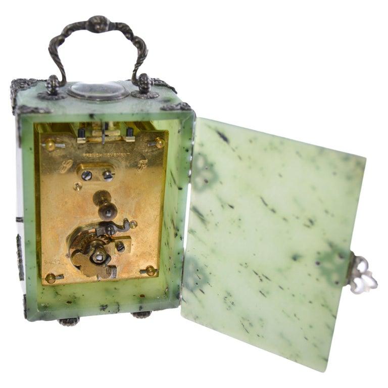 Silver Shreve & Co Jade Carriage Clock with Exposed Escapement Sterling Hardware 1915 For Sale