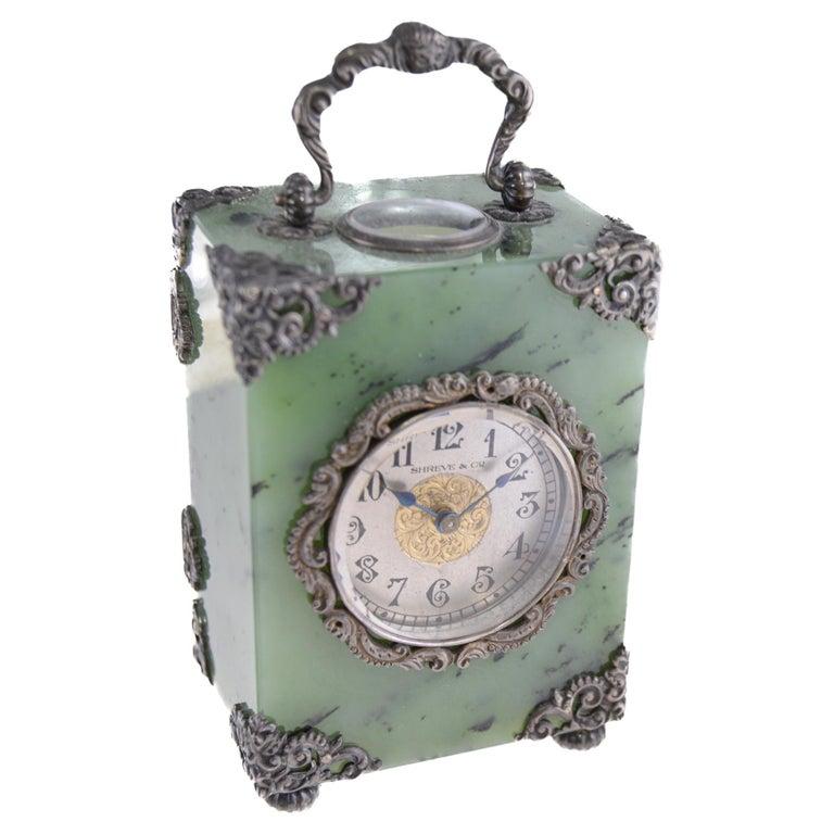 Early 20th Century Shreve & Co Jade Carriage Clock with Exposed Escapement Sterling Hardware 1915 For Sale