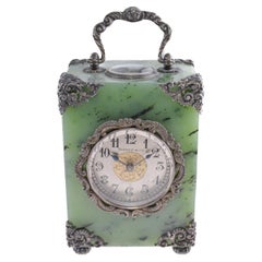 Shreve & Co Jade-Reiseuhr mit ausgestelltem Escapement-Sterling-Hardware 1915