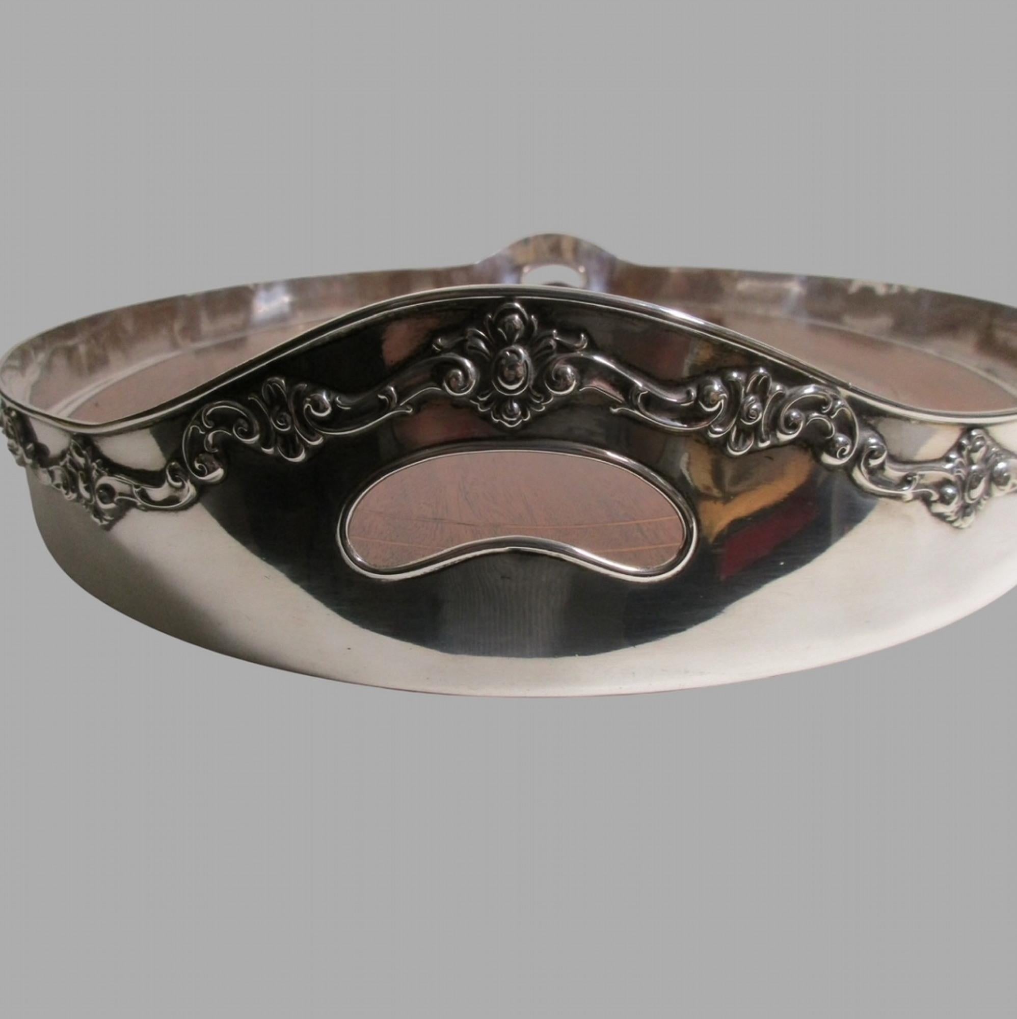 Art Nouveau Shreve & Co Large Sterling Mahogany Glass Overlay Gallery Tray - C 1910 For Sale
