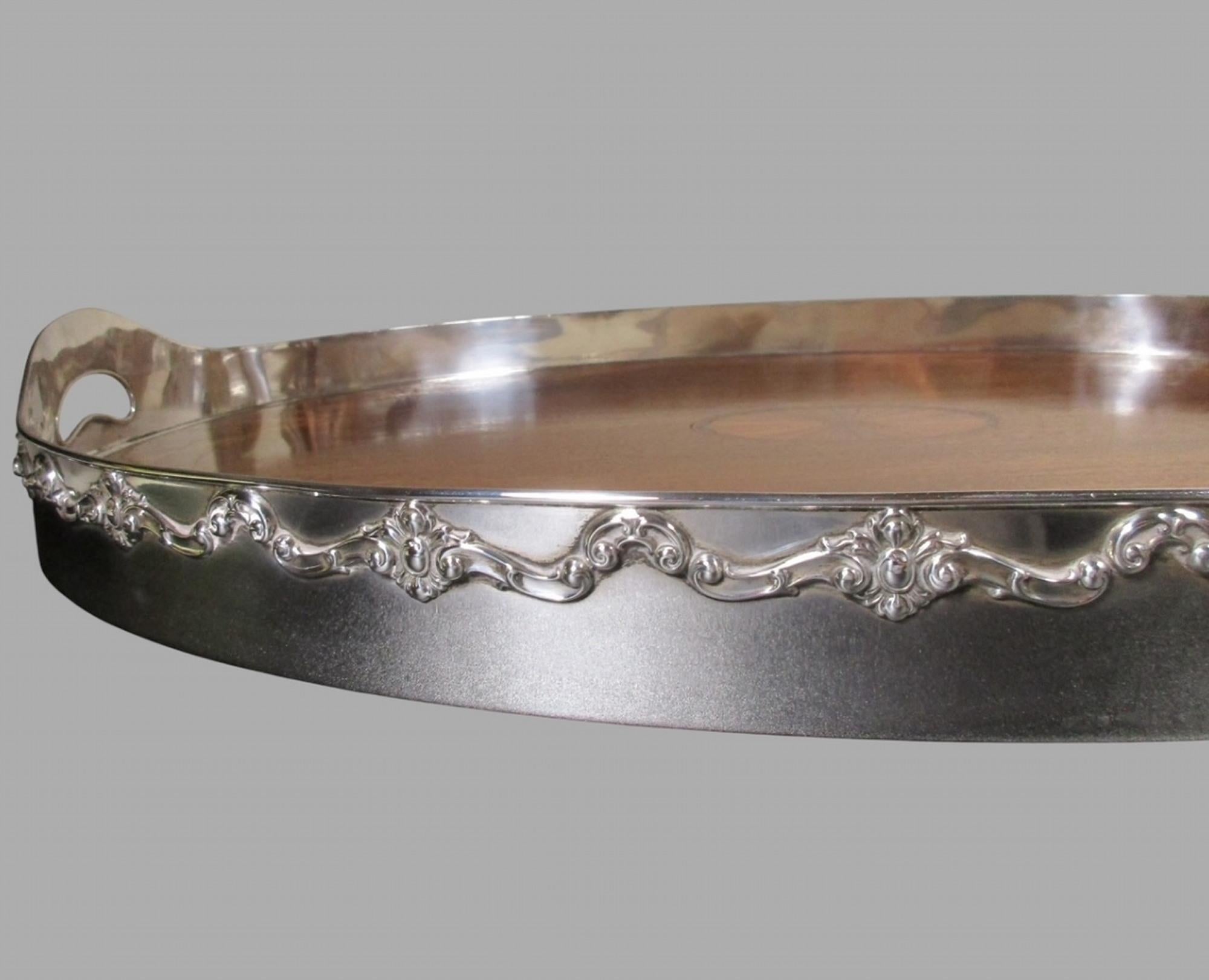 American Shreve & Co Large Sterling Mahogany Glass Overlay Gallery Tray - C 1910 For Sale
