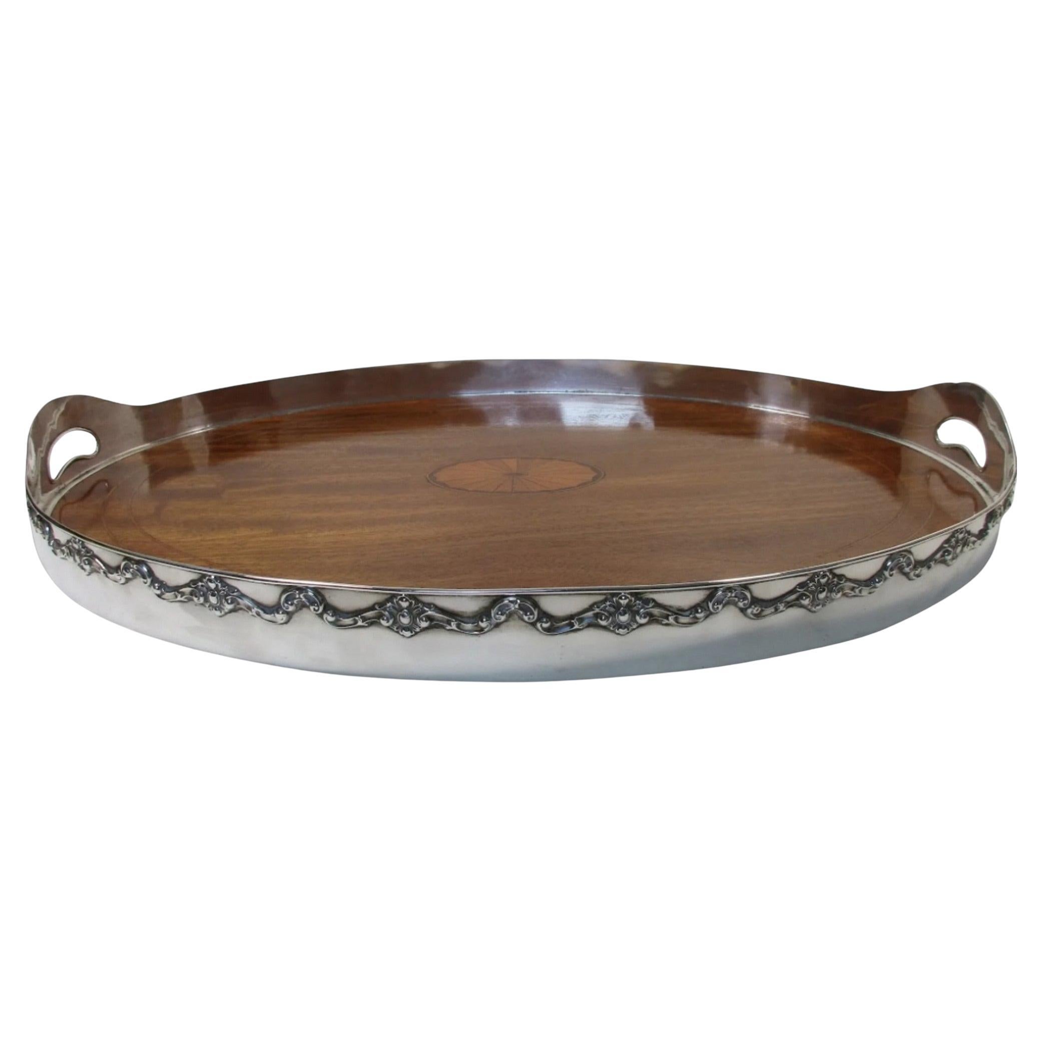 Shreve & Co Large Sterling Mahogany Glass Overlay Gallery Tray - C 1910