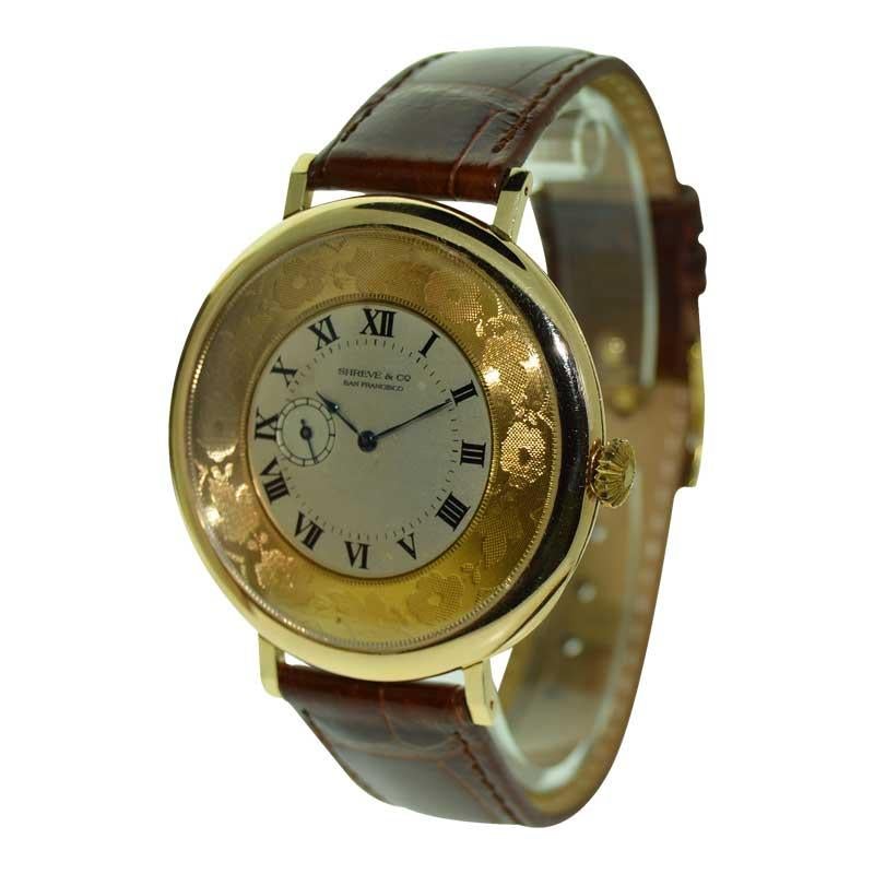 FACTORY / HOUSE: Shreve & Co. / Movement by Elgin
STYLE / REFERENCE:  
METAL / MATERIAL: 14kt
CIRCA / YEAR: 1920's
DIMENSIONS / SIZE: 49mm X 43mm
MOVEMENT / CALIBER: Manual Winding / 15 Jewels 
DIAL / HANDS: Silvered with Roman Numerals / Blued
