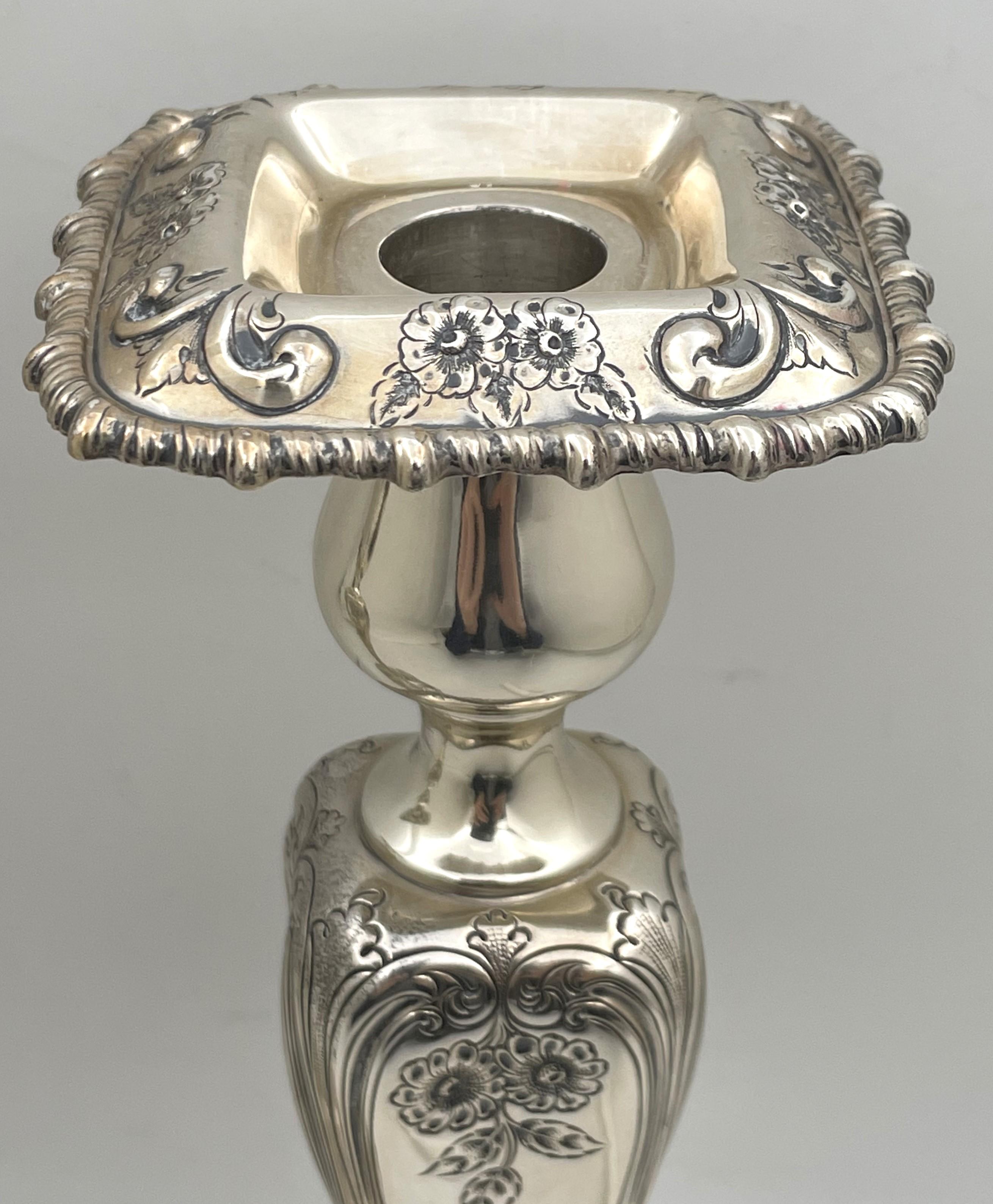 American Shreve & Co. Pair of Sterling Silver Candlesticks in Art Nouveau Style For Sale
