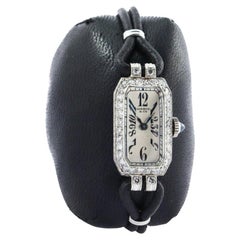 Shreve & Co Platinum Ladies Art Deco Diamond Dress Watch with Leather Cord 1920s