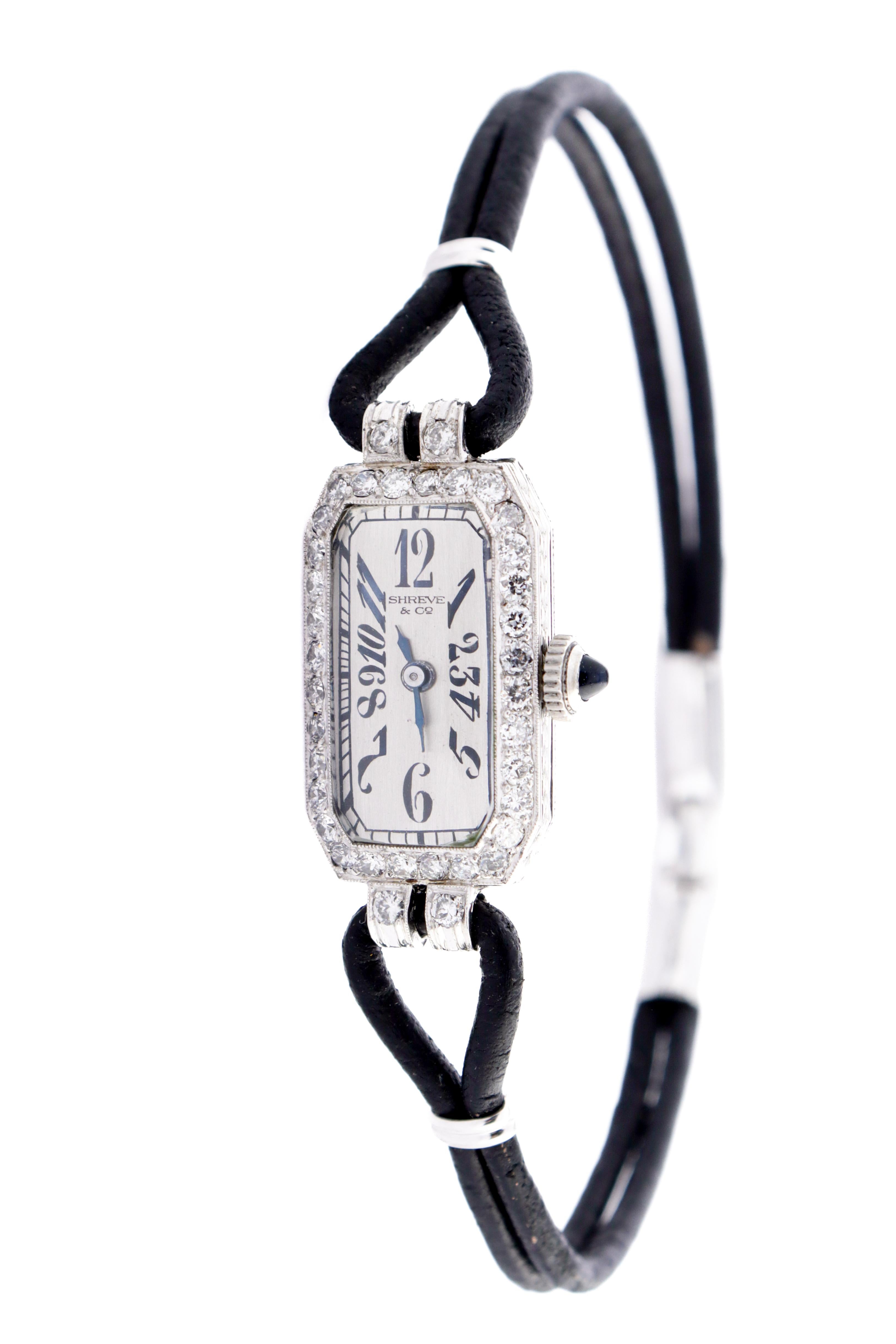 Women's Shreve & Co Platinum Ladies Art Deco Diamond Dress Watch with Leather Cord 1920s For Sale