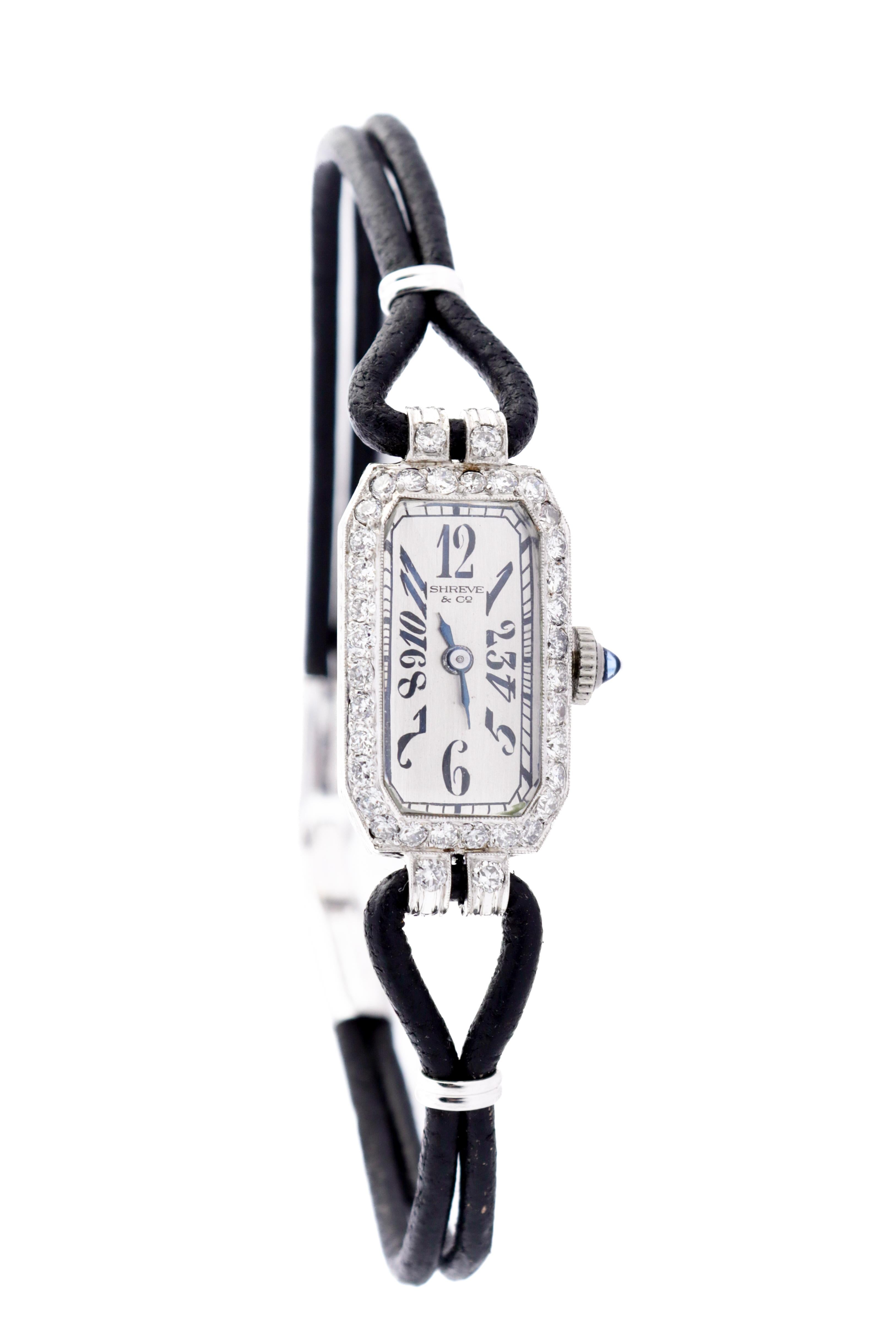Shreve & Co Platinum Ladies Art Deco Diamond Dress Watch with Leather Cord 1920s For Sale 1