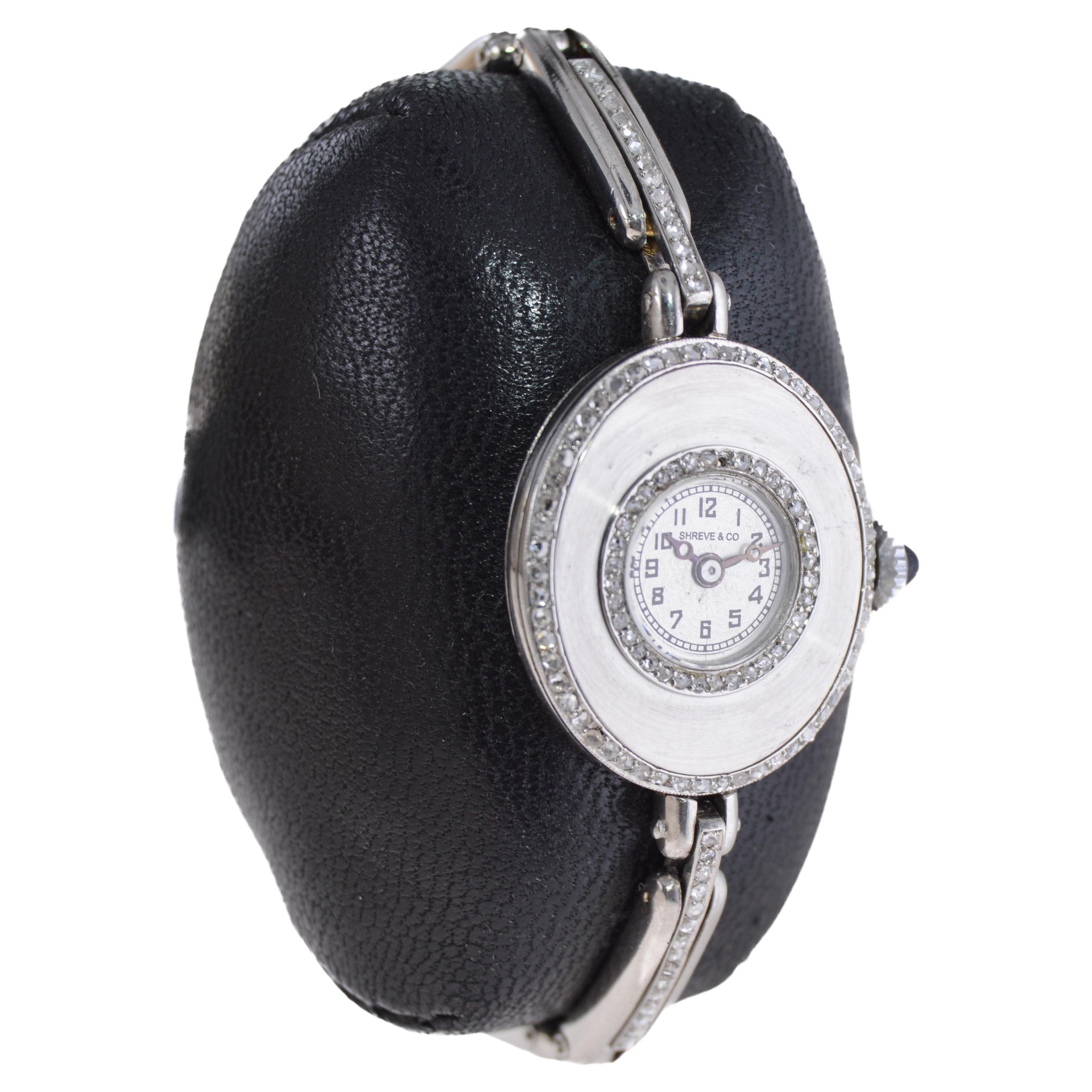 FACTORY / HOUSE: Shreve & Co.
STYLE / REFERENCE: Platinum and Diamond Dress Watch
METAL / MATERIAL: Platinum & Diamonds
CIRCA / YEAR: 1920's
DIMENSIONS / SIZE: 32mm Length X 23mm Diameter
MOVEMENT / CALIBER: Manual Winding / 17 Jewels / Caliber High