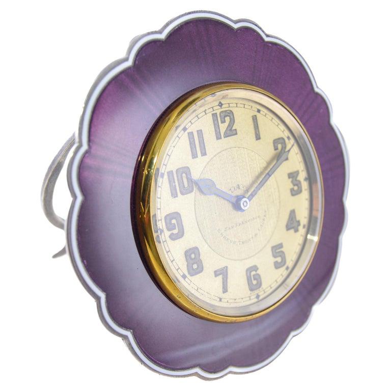 Shreve & Co. Purple Enamel Clock In Excellent Condition For Sale In Long Beach, CA